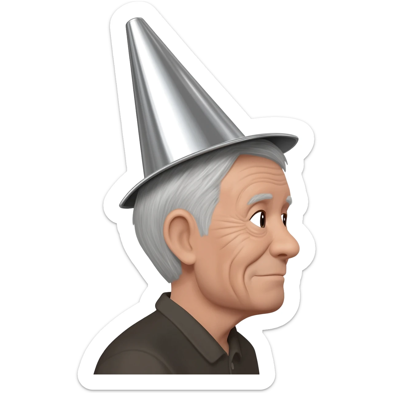 gere um emoji de um velho olhanddo para o lado com um chapéu de alumínio em forma de cone sticker