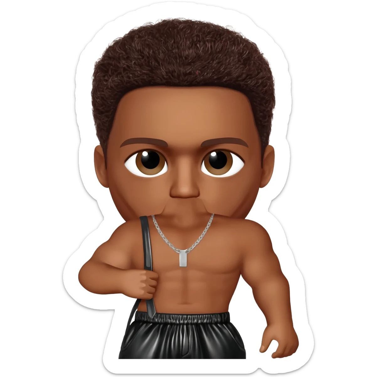 Trey Songz with dark brown hair, black metallic baggy pants, shirtless with necklace sticker