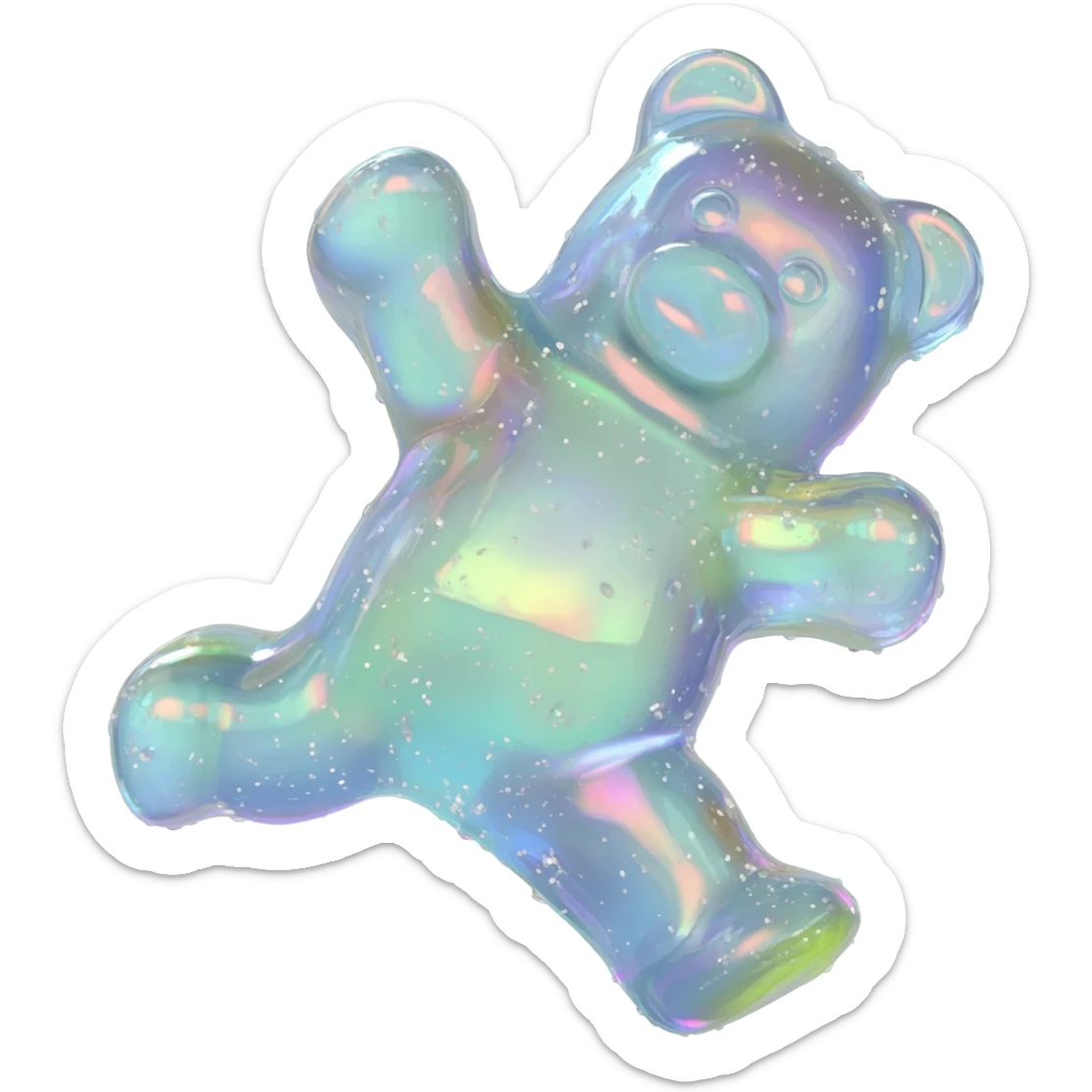 a hyper-realistic 3D rendering of a translucent,  twoglistening iridescent gummy bear mid-bounce, its plump body captured in dynamic motion as if frozen in time. The candy's surface refracts light like real gelatin, with sticky highlights gleaming along its curved edges and subtle sugar granules  sticker