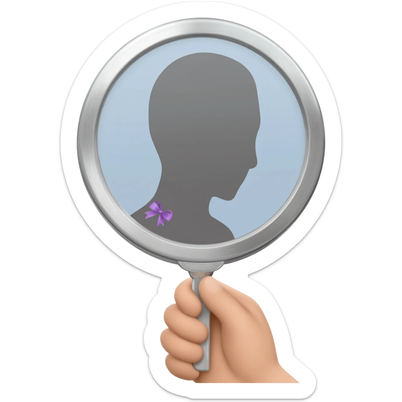 Apple iOS–style 3D emoji: round silver handheld mirror, facing forward. In the reflection, neutral faceless silhouette with small violet ribbon (only in reflection). White background, centered, soft shadow. sticker