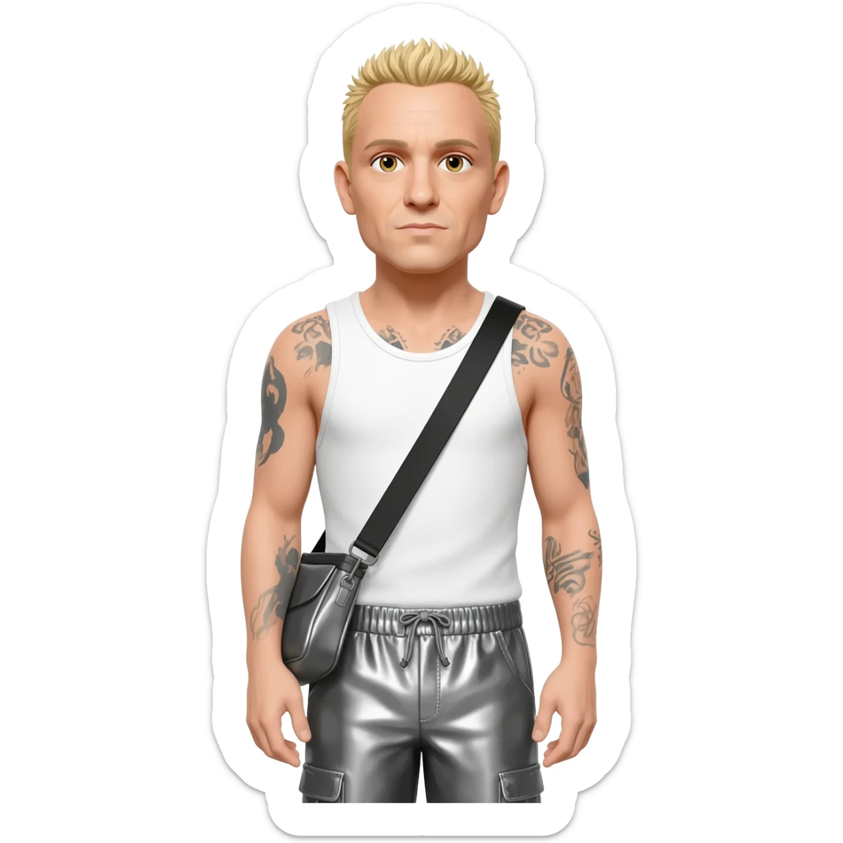 Chester Bennington with blonde hair, white tank top, grey metallic baggy pants sticker
