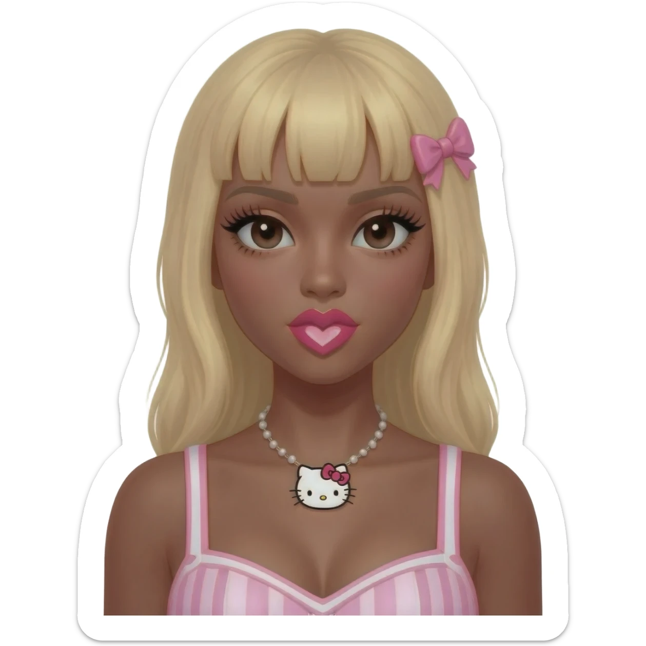 heart shaped lips, cute glossy lips, doll eyes with long lashes, dark brown skin, blonde hair, big chest, hello kitty necklace, one bow clip, bimbocore outfit sticker
