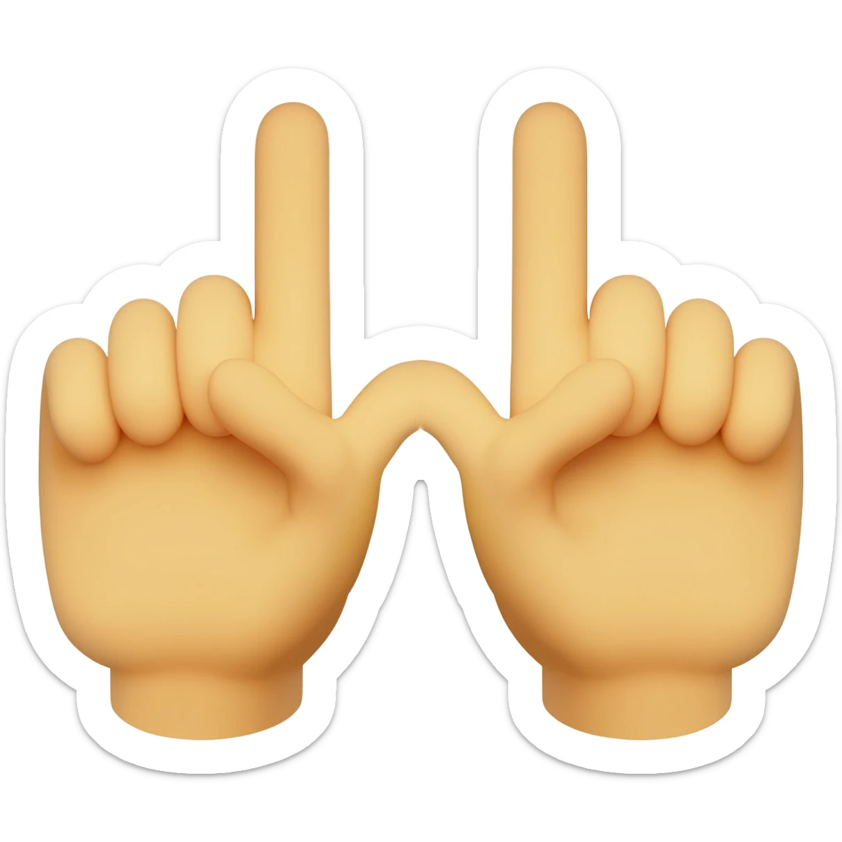Deux mains emoji réalistes côte à côte, paumes face avant, index et majeur levés pour former un W, fond blanc simple, style emoji iPhone, image nette, sans bruit. sticker