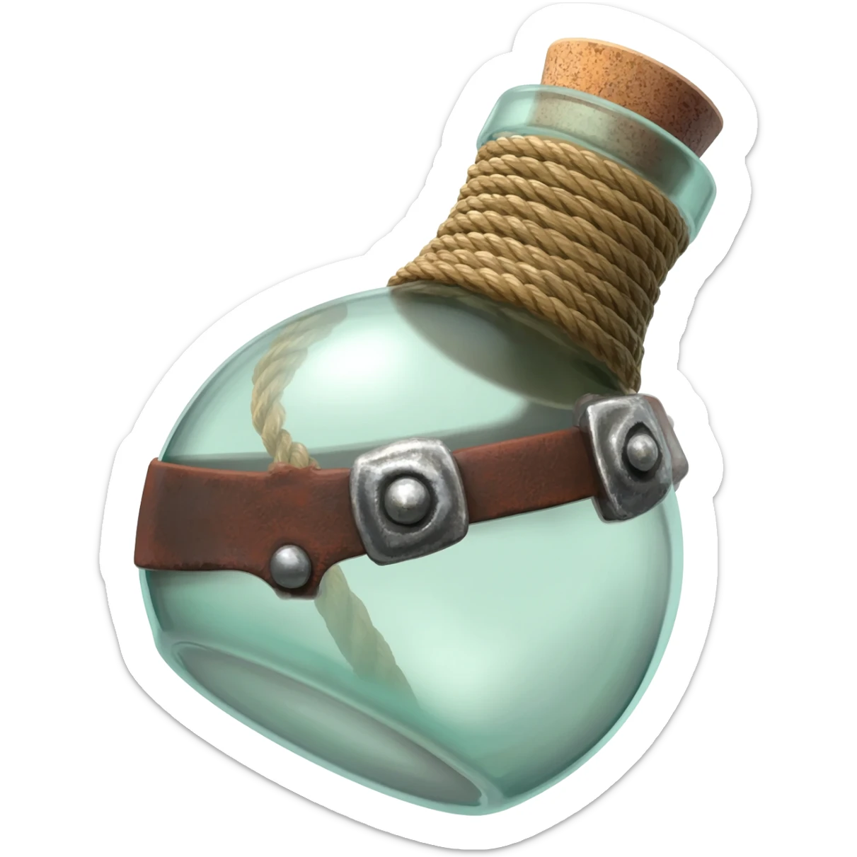 an empty round potion bottle a little rotated with a cork and decorations on the bottle like ropes and belts and random stuff sticker