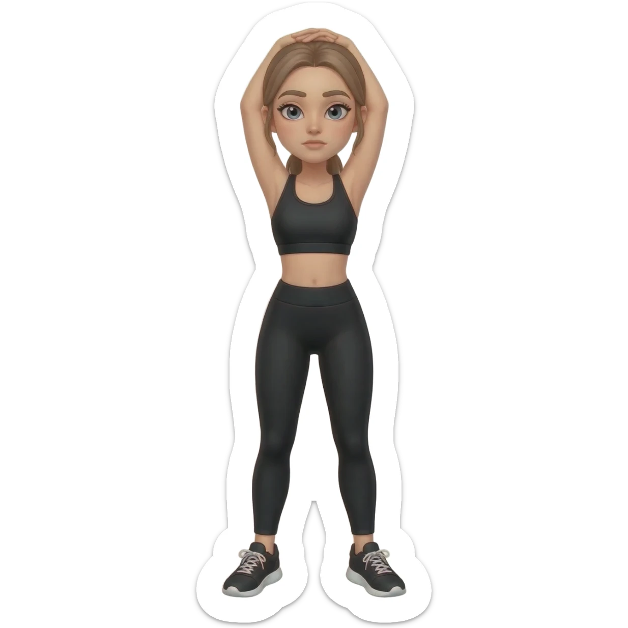 gentle bedtime stretch with sleepy mood, fair-skinned woman, gray-blue eyes, ash brown brows, ash light brown hair tied back, slim athletic body, black workout set, black sneakers with white soles sticker