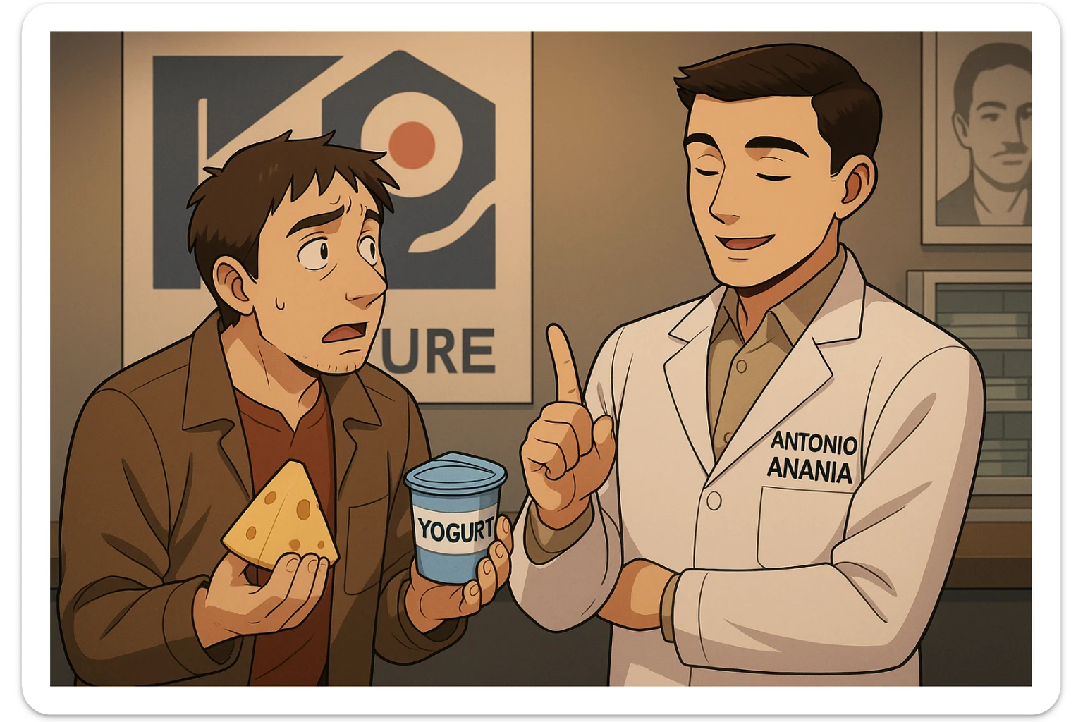 fai un webtoon manga a colori con questo stile, in cui un uomo fa una domanda al kinesiologo con il camice bianco (fagli anche la scritta "ANTONIO ANANIA" SUL CAMICE, l'uomo chiede una cosa mostrando un formaggio e uno yogurt al kinesiologo con il camice, IL KINESIOLOGO annuisce e SPIEGA ALL'UOMO UNA cos. L'UOMO ha un ESPRESSIONE CONFUSA IN VOLTO. non fare i fumetti però, fai solo in modo che sembri stiano parlando sticker