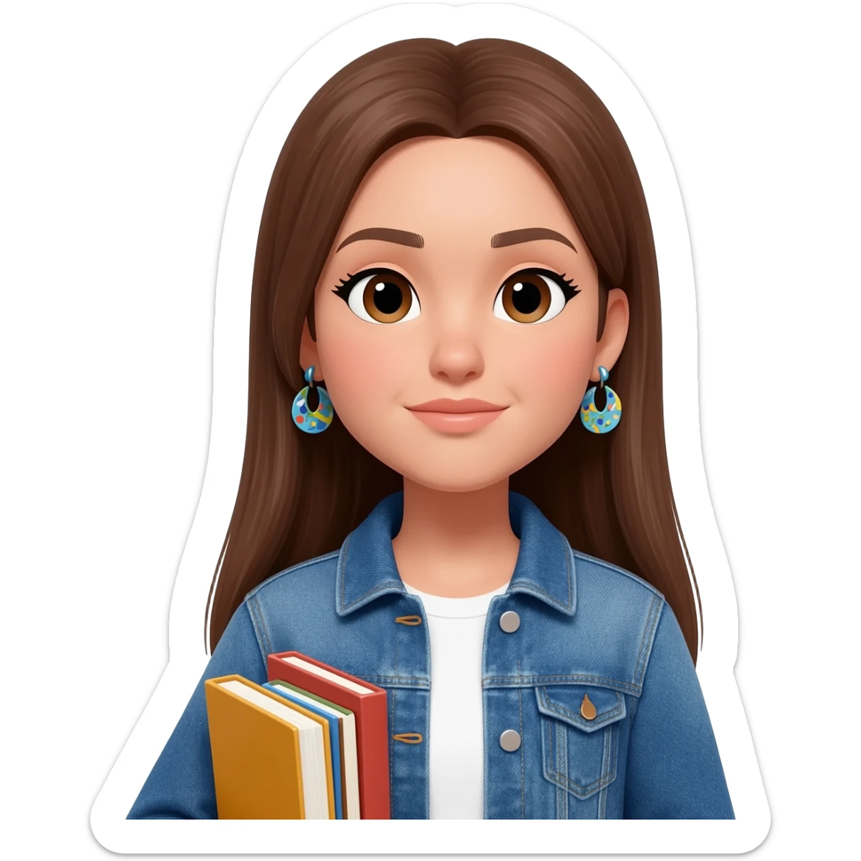 Woman with straight long brunnette hair, light skin, she is using a denim jacket with a white shirt and funky earrings and she is carrying books sticker