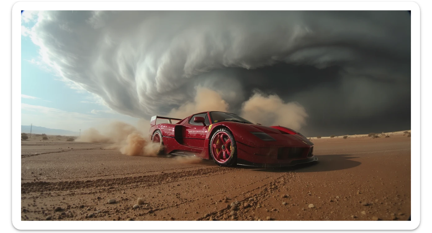 Cinematic still of a ferrari f40 around tornado od arizona desert, sun flare, captured by gopro hero with effect fisheye, water drops on car body, detailed sticker