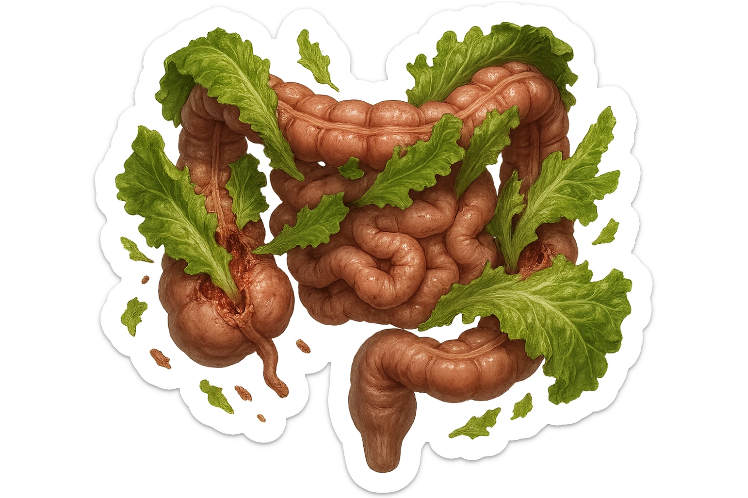 foglie di insalata che attaccano un intestino anatomico umano per distruggerlo sticker