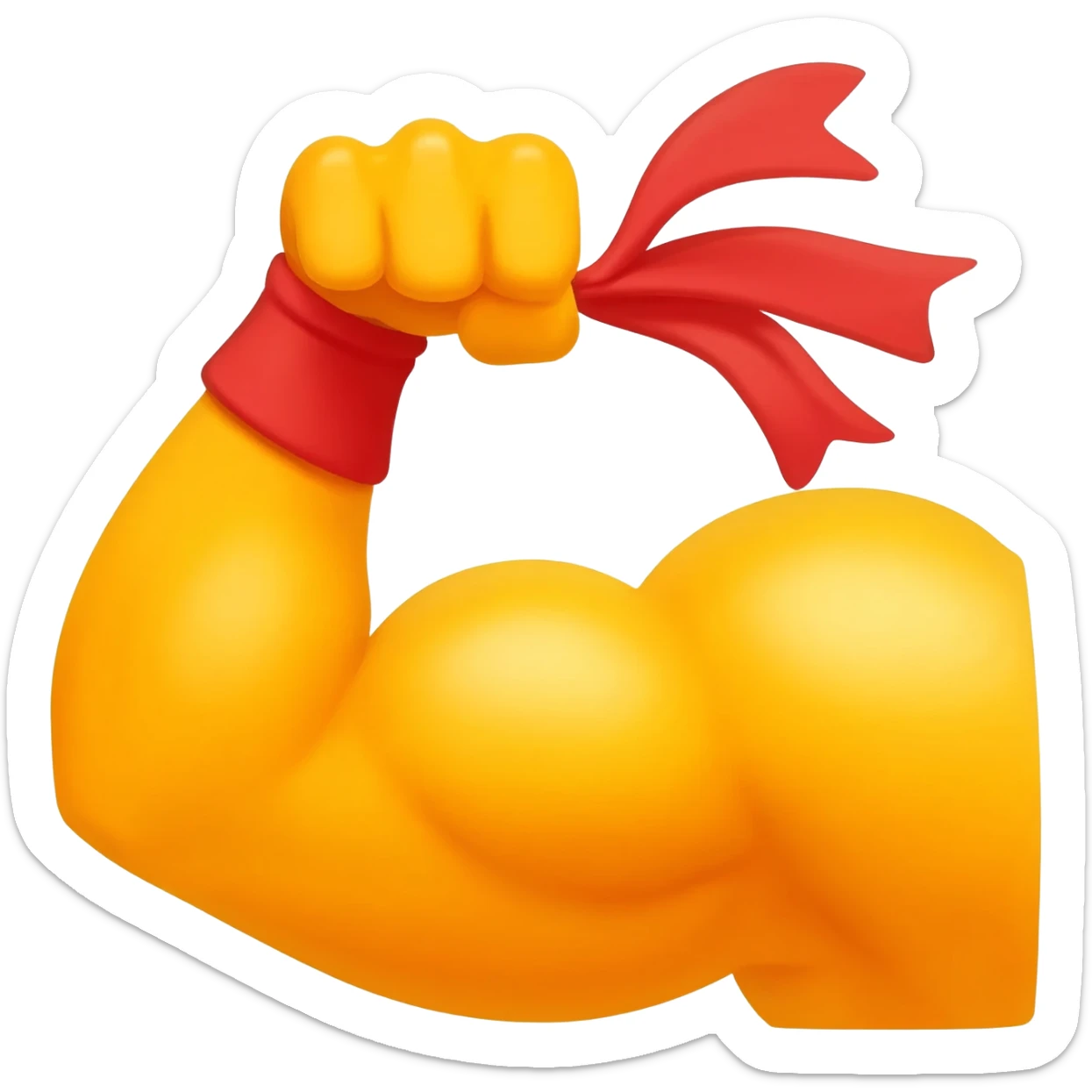 High-detail professional vector illustration of a strong, flexing cartoon arm with a prominent bicep. On the wrist is a red headband with white Chinese characters that read '加油' clearly. The entire emoji is outlined for visibility, with a vibrant yellow-orange muscle tone. Clean solid background. sticker