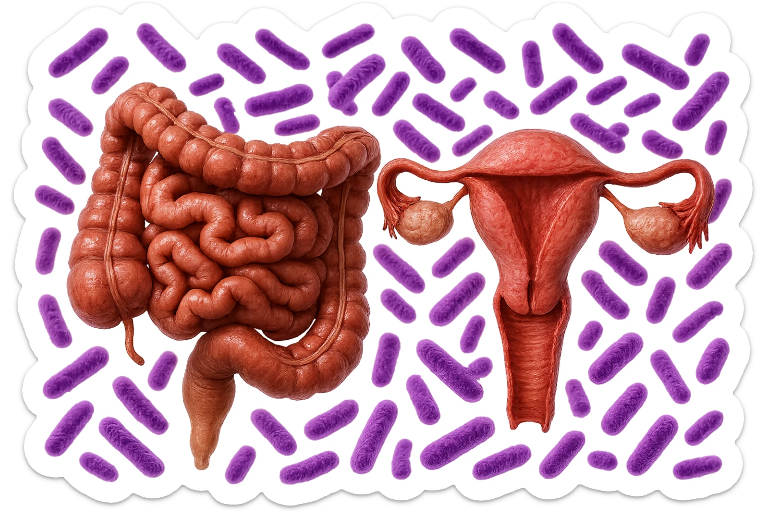 intestino umano anatomico realistico accanto ad un utero umano anatomico realistico, dietro i due organi fluttuano batteri intestinali con questo colore: #971ef1, iperrealistico 4k
isolata su sfondo bianco sticker