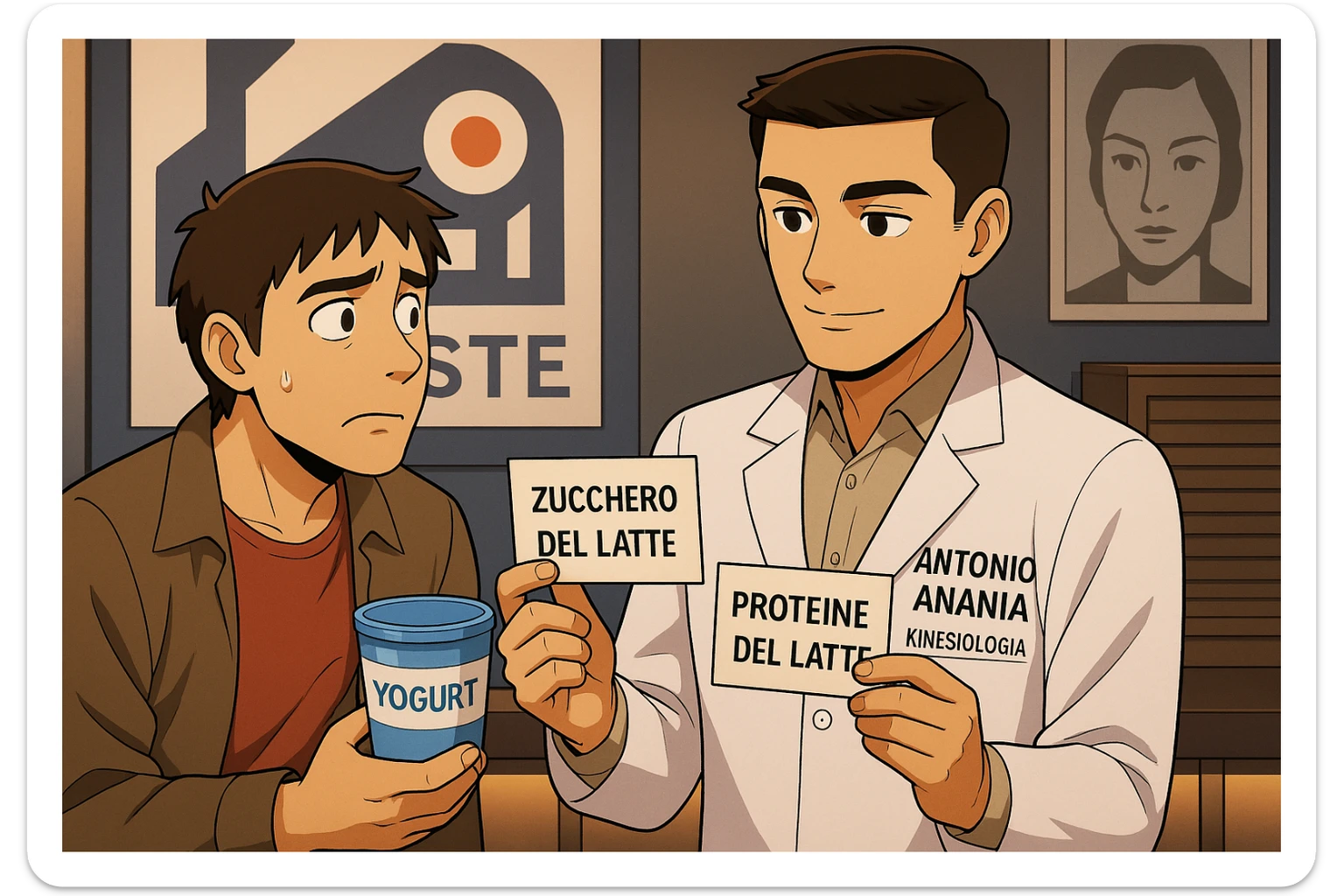 fai un webtoon manga a colori con questo stile, in cui un uomo ASCOLTA Il kinesiologo con il camice bianco (fagli anche la scritta "ANTONIO ANANIA" SUL CAMICE, IL KINESIOLOGO SPIEGA ALL'UOMO UNA COSA TENENDO DUE FOGLIETTINI IN MANO, UNO CON LA SCRITTA "ZUCCHERO DEL LATTE" E UNA CON LA SCRITTA "PROTEINE DEL LATTE". L'UOMO OSSERVA LO YOGURT CHE HA IN MANO CON ESPRESSIONE DUBBIOSA IN VOLTO. non fare i fumetti però, fai solo in modo che sembri stiano parlando sticker
