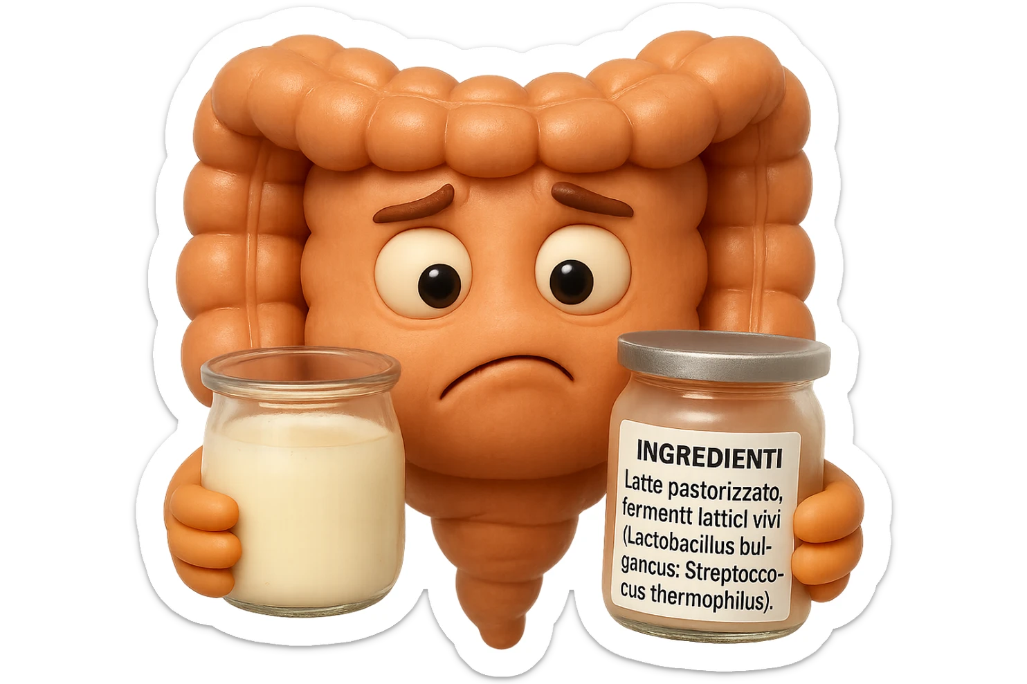 SU QUESTO STILE FAI UN EMOJI STILE IPHONE 3D DI UN INTESTINO CHE HA IN MANO UN BARATTOLO DI YOGURT CONFEZIONATO DA SUPERMERCATO E LEGGE L'ETICHETTA NUTRIZIONALE CON GLI INGREDIENTI IN ITALIANO, ACCANTO ALLO YOGURT CHE HA IN MANO C'è UN FOCUS SULL'ETICHETTA CON GLI INGREDIENTI SCRITTI, FAGLI UN ESPRESSIONE CONFUSA MENTRE LEGGE E FALLO MOLTO REALISTICO IN 3D sticker
