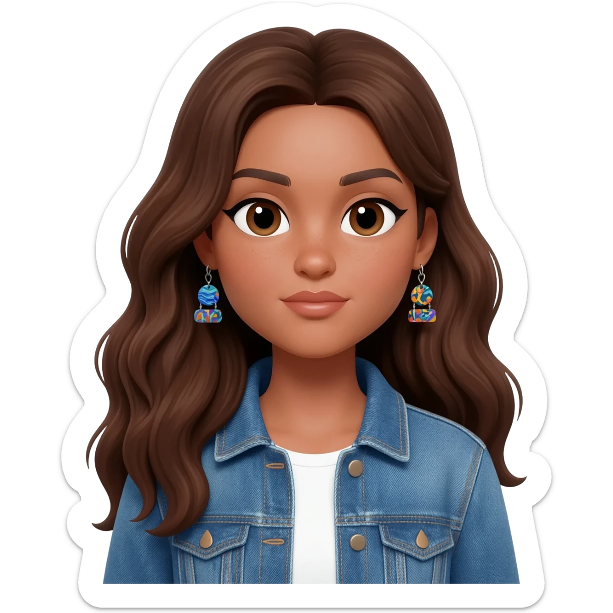 Woman with long brunnette hair, light brown skin, she is using a denim jacket with a white shirt and funky earrings sticker