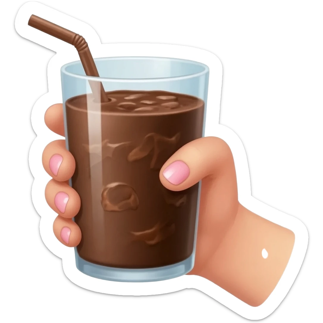 chocolat froid dans un grand verre avec une paille tenue par le bout d'une jolie main de femme avec une belle manucure Style Pinterest ultra réaliste Avec une bordure blanche sticker