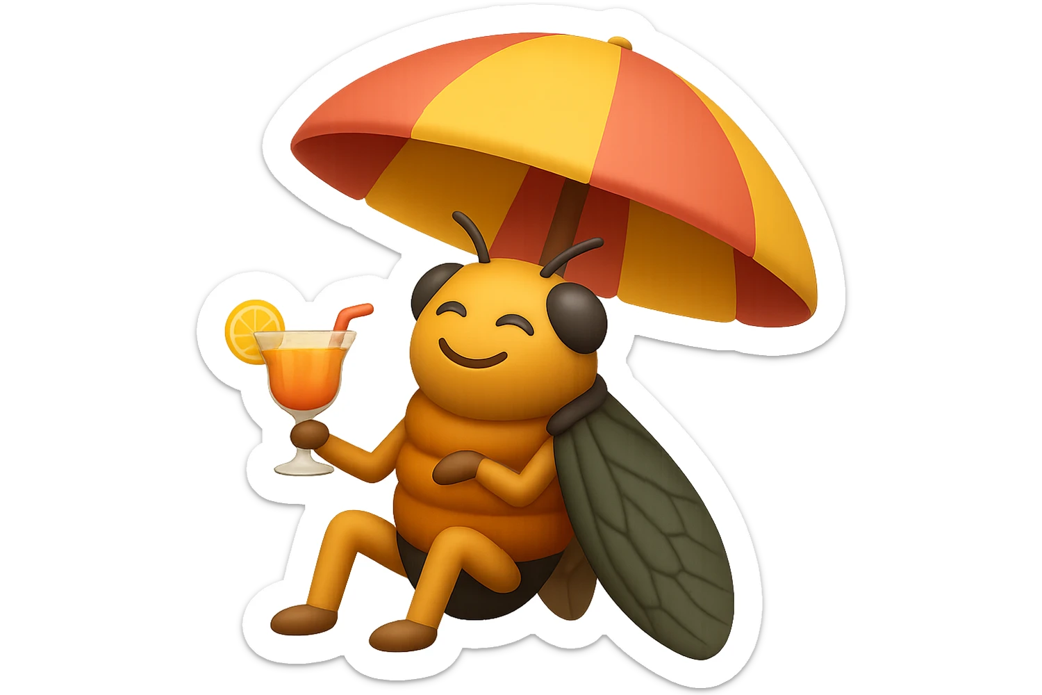 EMOJI STILE IPHONE 3D DI UNA CICALA CHE STA RILASSATA SEDUTA SOTTO L'OMBRELLONE IN SPIAGGIA CON UN COCKTAIL IN MANO sticker