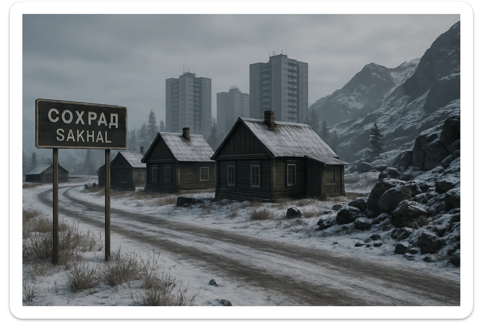 a view of the city street in a videogame: DayZ - in  Sakhal - snowy steppe tundra, rustic cabin houses, tall apartment blocks in the distance, mountainous and rocky terrain sticker