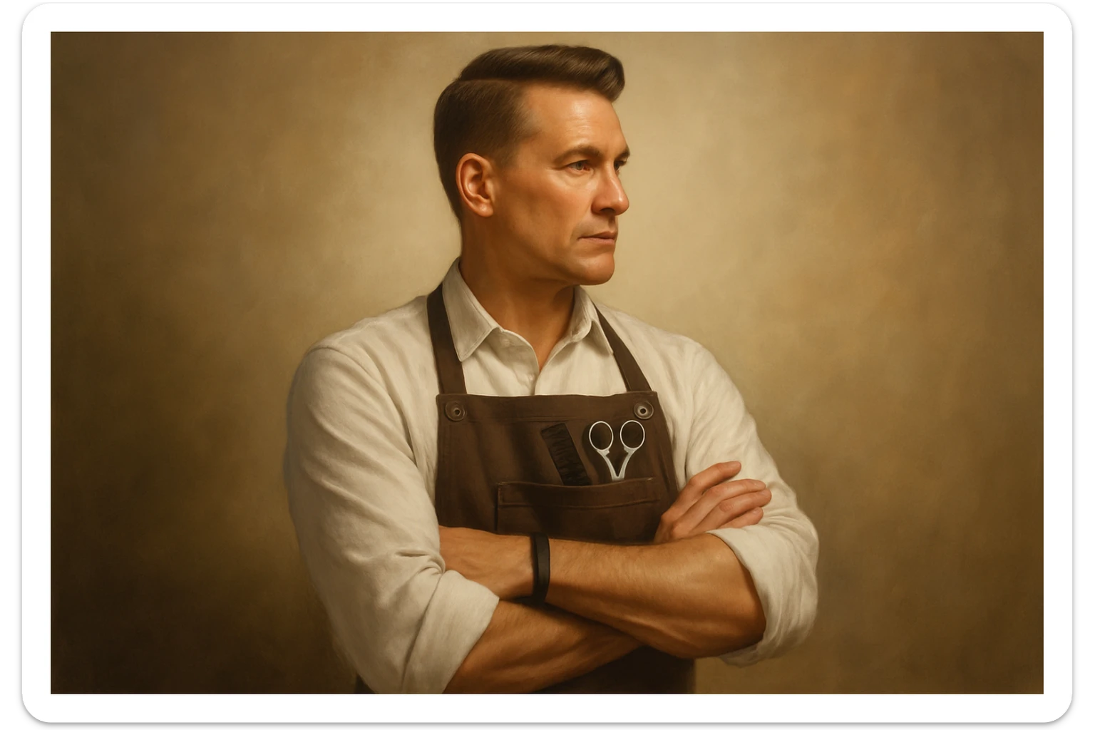 shu pozada turgan faqat chap tarafga qarab turgan sartarosh ustani tasvirlab ber realistik uslubda yoshi kattaroq soqol shart emas sticker