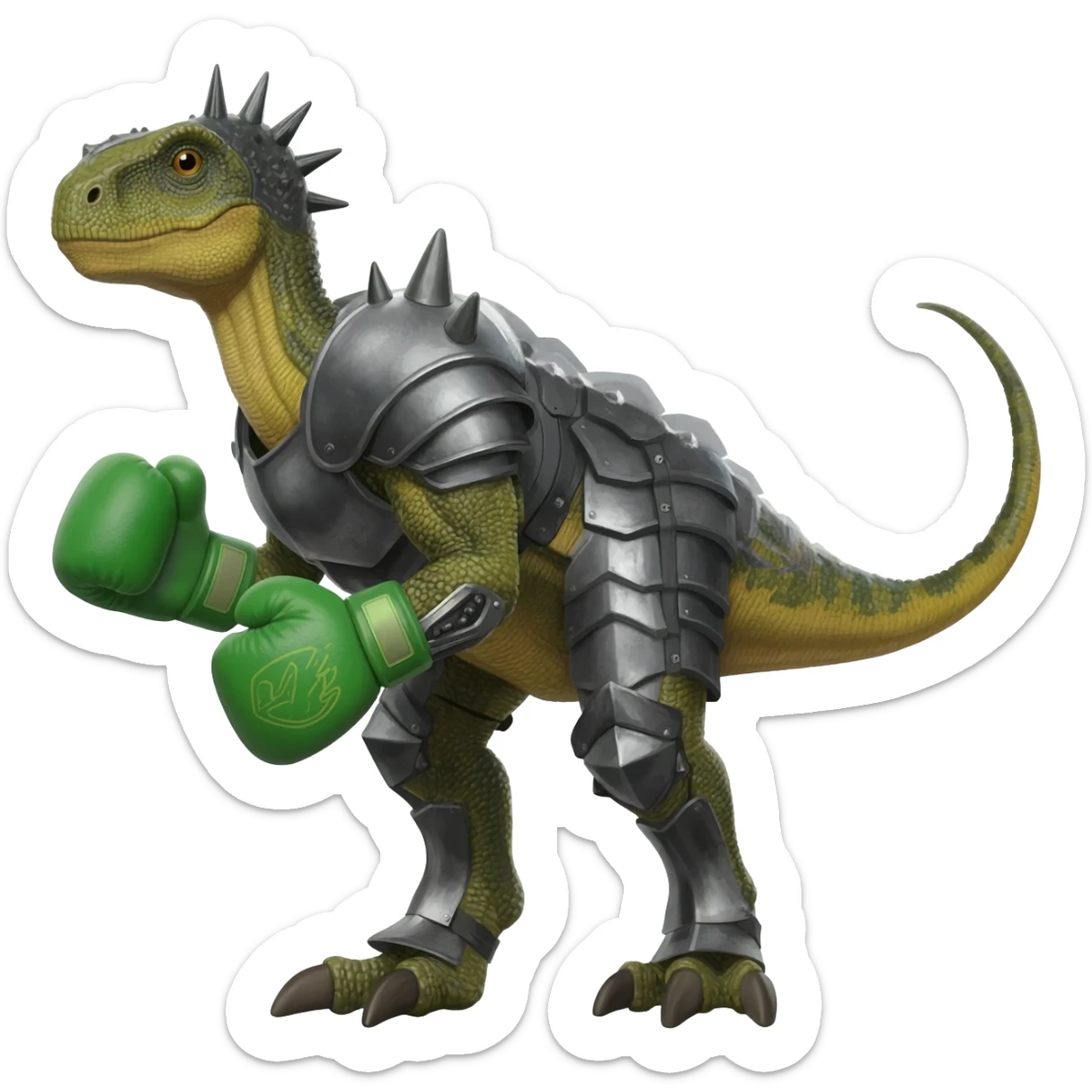 a dinosaur with green armored hands like boxing gloves and a spike on its and head and has armored body a tail and legs sticker