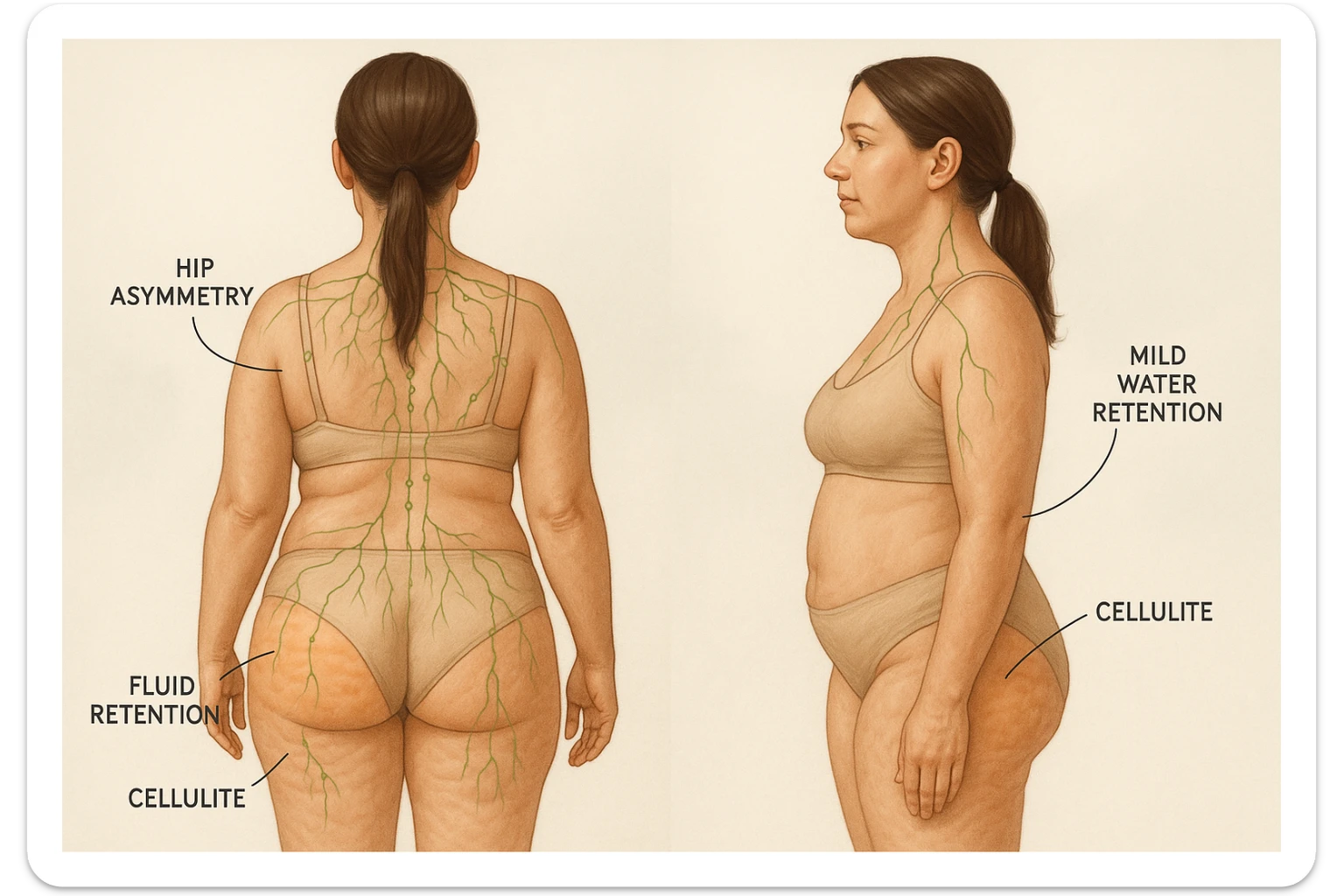 Educational, realistic illustration of a woman in her early 30s, back and side view, highlighting hip asymmetry, mild water retention, and cellulite. Skin with dimpling and uneven texture, anatomical overlays for lymphatic system and fluid zones. Warm, natural skin tones, soft lighting, compassionate, body-positive. Clean, medical, calming background. sticker