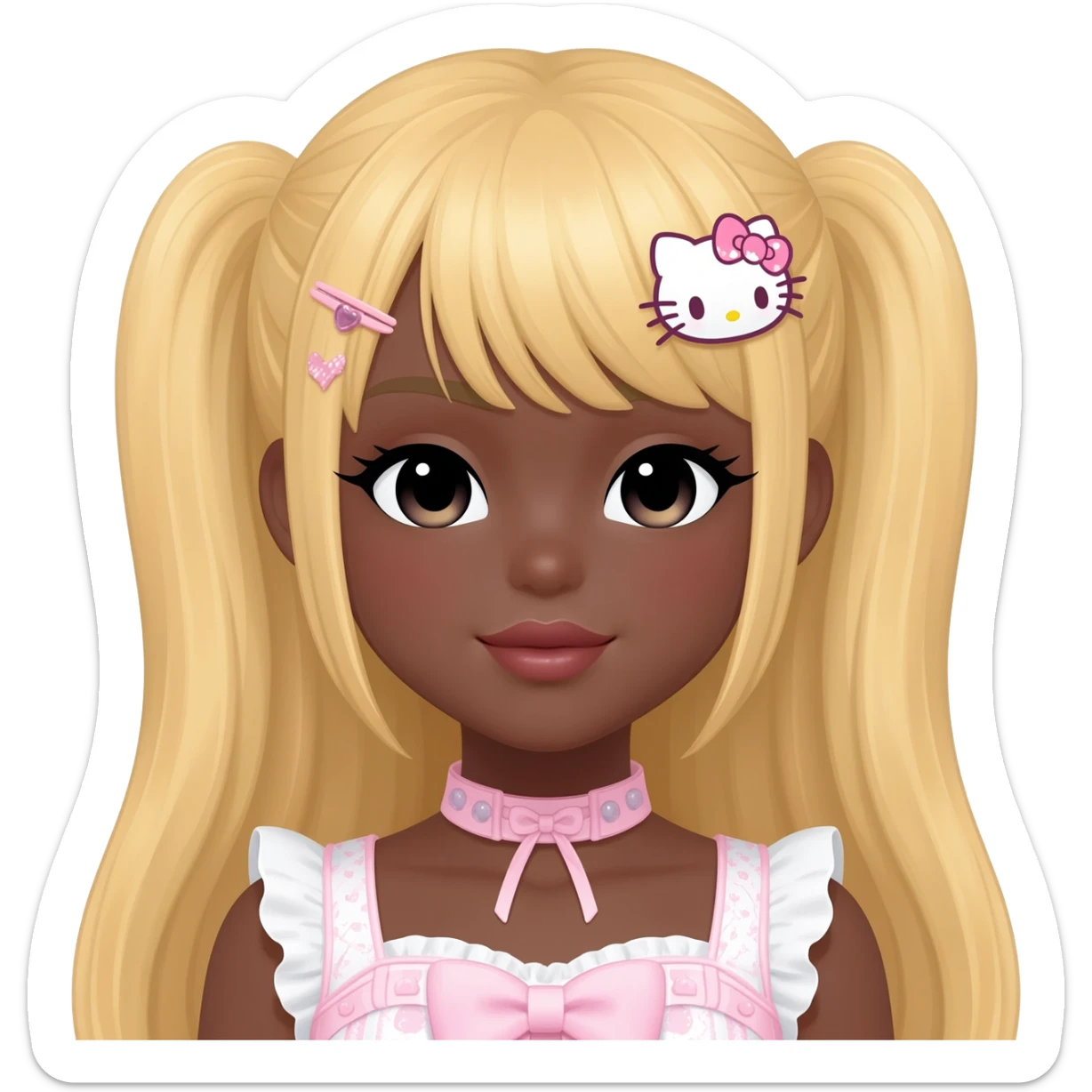 Gyaru makeup, himegyaru, my melody hairclip, cutecore, doll eyes, Doll, big chest, dark brown skin, with long blonde hair,  black cute eyes, cute lips with Gyaru outfit sticker