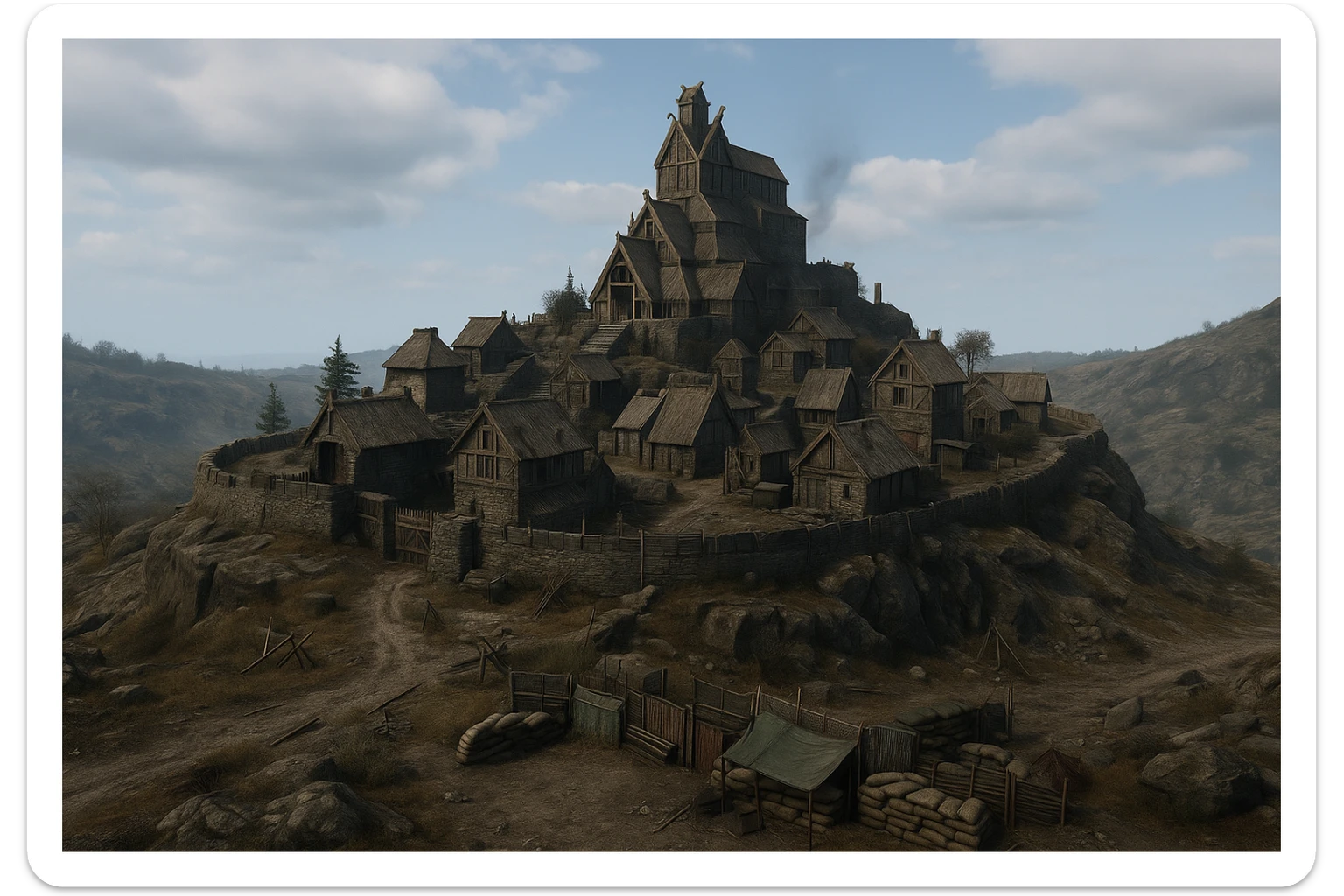 A small hilltop mesa city in the videogame dayz, screensot, based on whiterun sticker