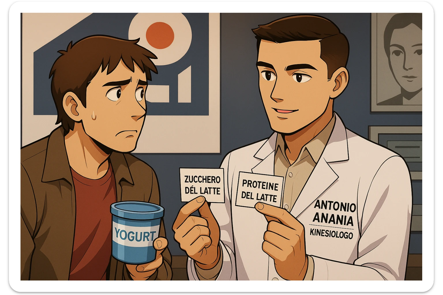 fai un webtoon manga a colori con questo stile, in cui un uomo ASCOLTA Il kinesiologo con il camice bianco (fagli anche la scritta "ANTONIO ANANIA" SUL CAMICE, IL KINESIOLOGO SPIEGA ALL'UOMO UNA COSA TENENDO DUE FOGLIETTINI IN MANO, UNO CON LA SCRITTA "ZUCCHERO DEL LATTE" E UNA CON LA SCRITTA "PROTEINE DEL LATTE". L'UOMO OSSERVA LO YOGURT CHE HA IN MANO CON ESPRESSIONE DUBBIOSA IN VOLTO. non fare i fumetti però, fai solo in modo che sembri stiano parlando sticker