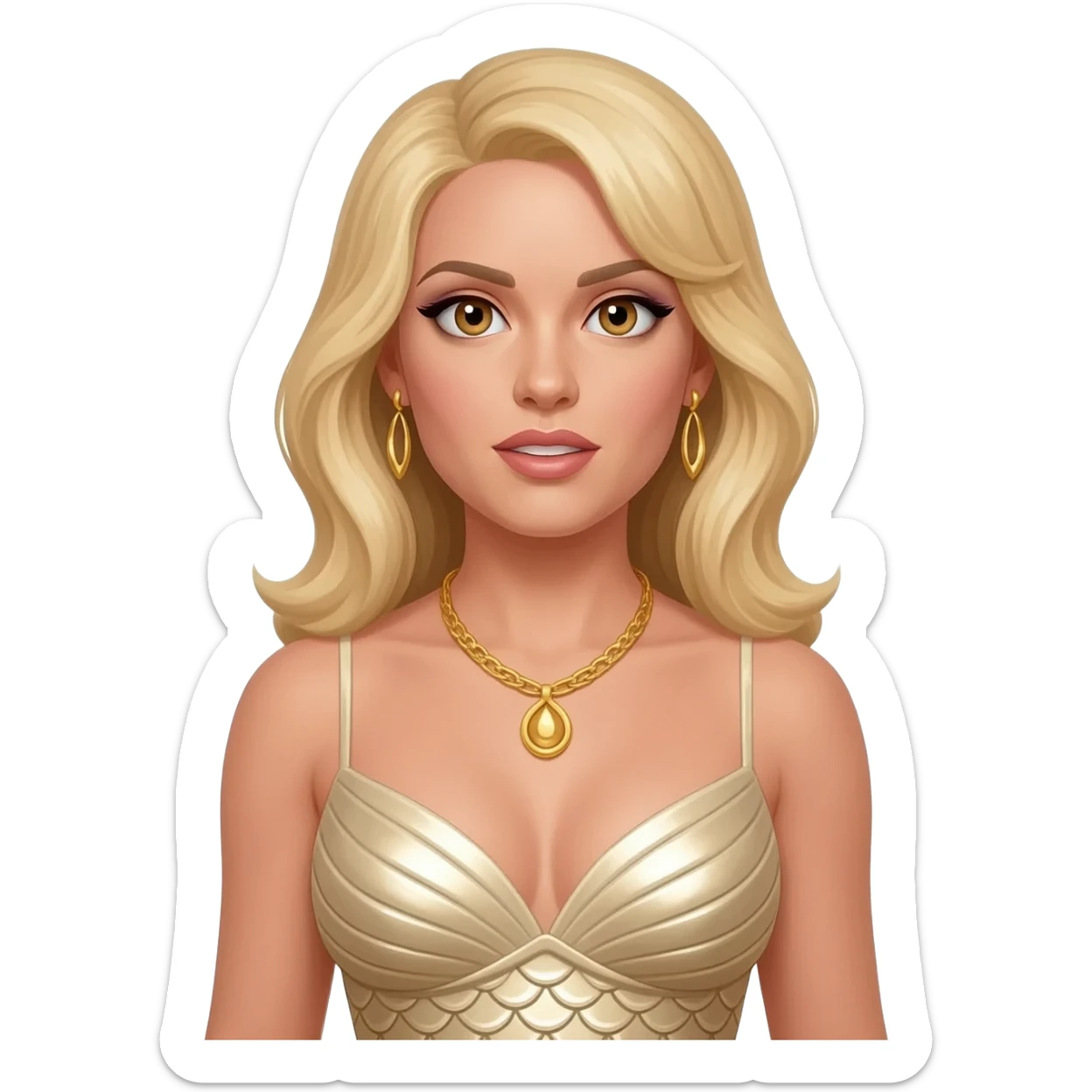 Honey Ryder from James Bond with hazel eyes, long blonde hair, ivory metallic mermaid dress, gold necklace, earrings sticker