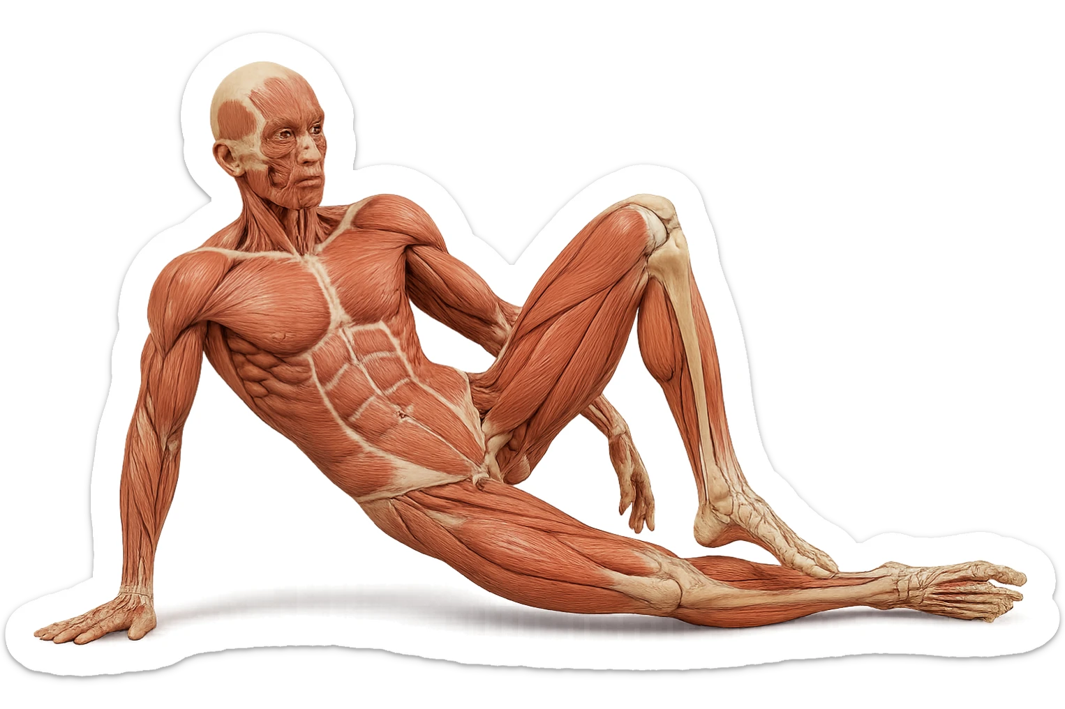 CORPO UMANO ANATOMICO REALISTICO CHE SVOLGE UN ESERCIZIO DI MOBILITà ALLE ANCHE, iperrealistico 4k sticker