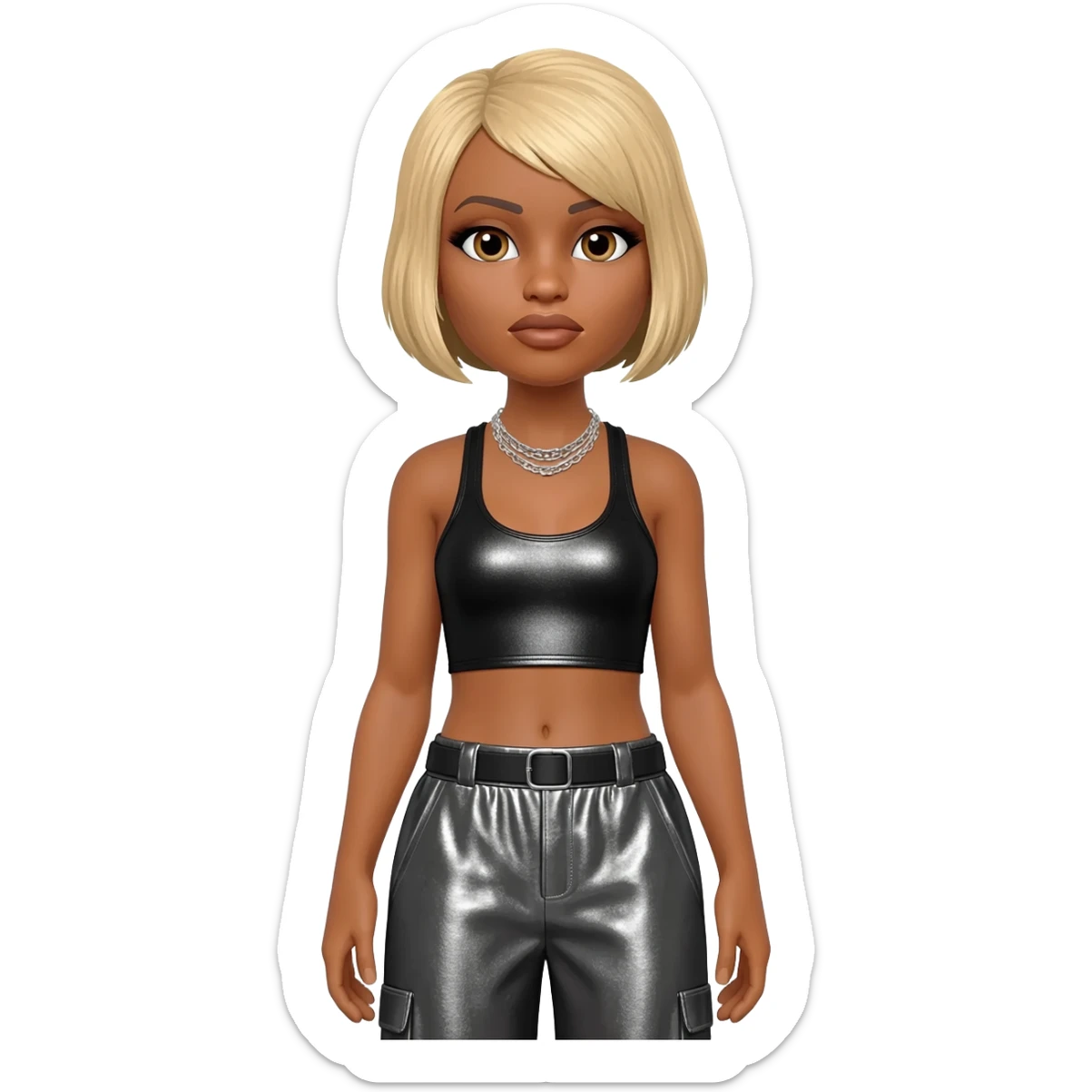 T- Boz from TLC with brown eyes, blonde short hair, black metallic crop top, charcoal metallic baggy pants, silver necklace sticker