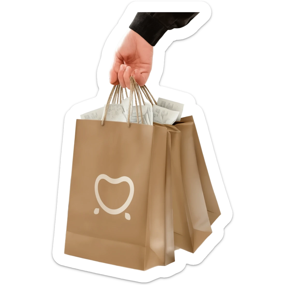 POV shot of a hand holding several minimalist shopping bags while walking outside, including a brown paper shopping bag with white branding and folded receipts sticking out, neutral tones, casual street setting with pavement visible below, soft natural dayligh sticker