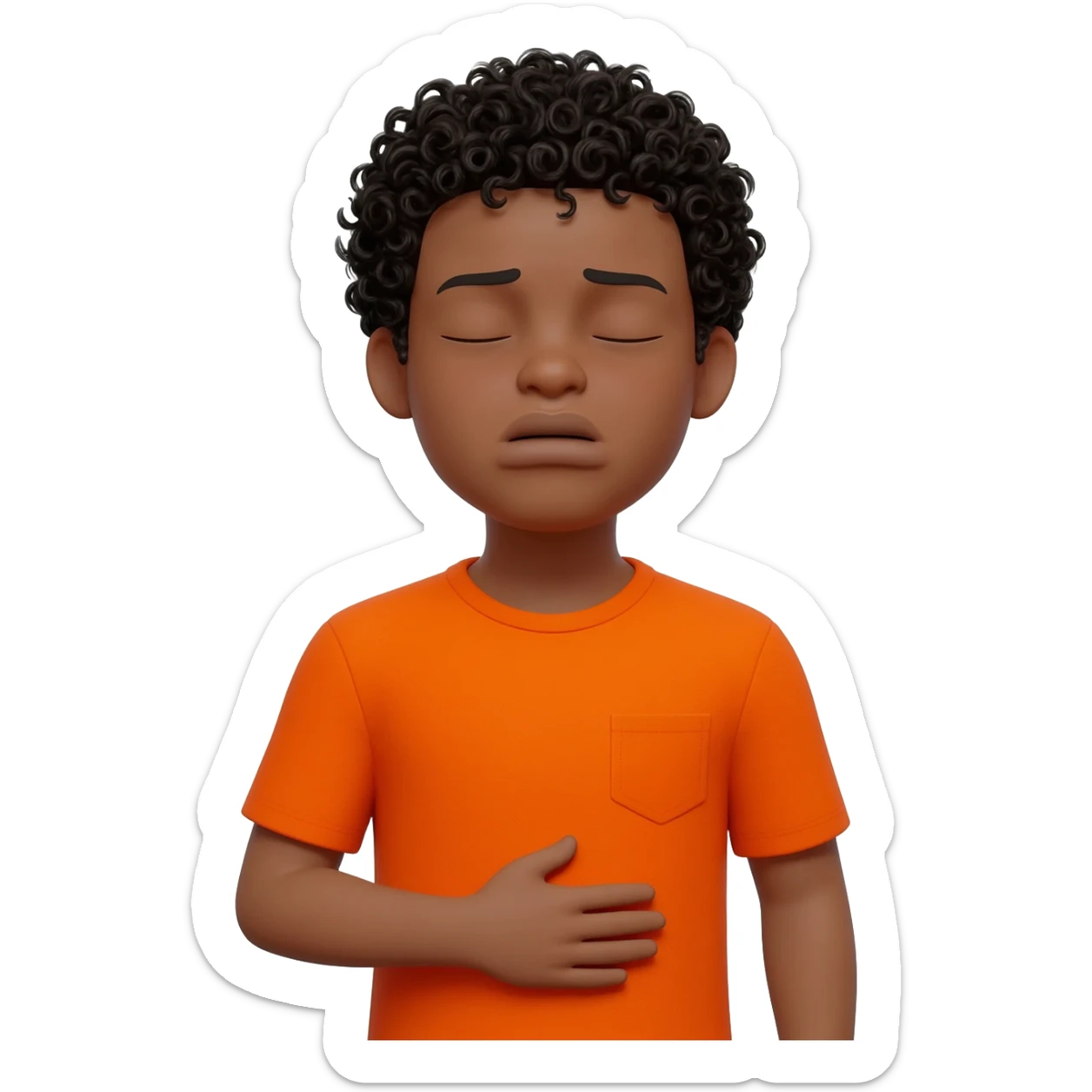 black boy curly hair orange shirt nauseous about to throw up mouth closed hand over sticker