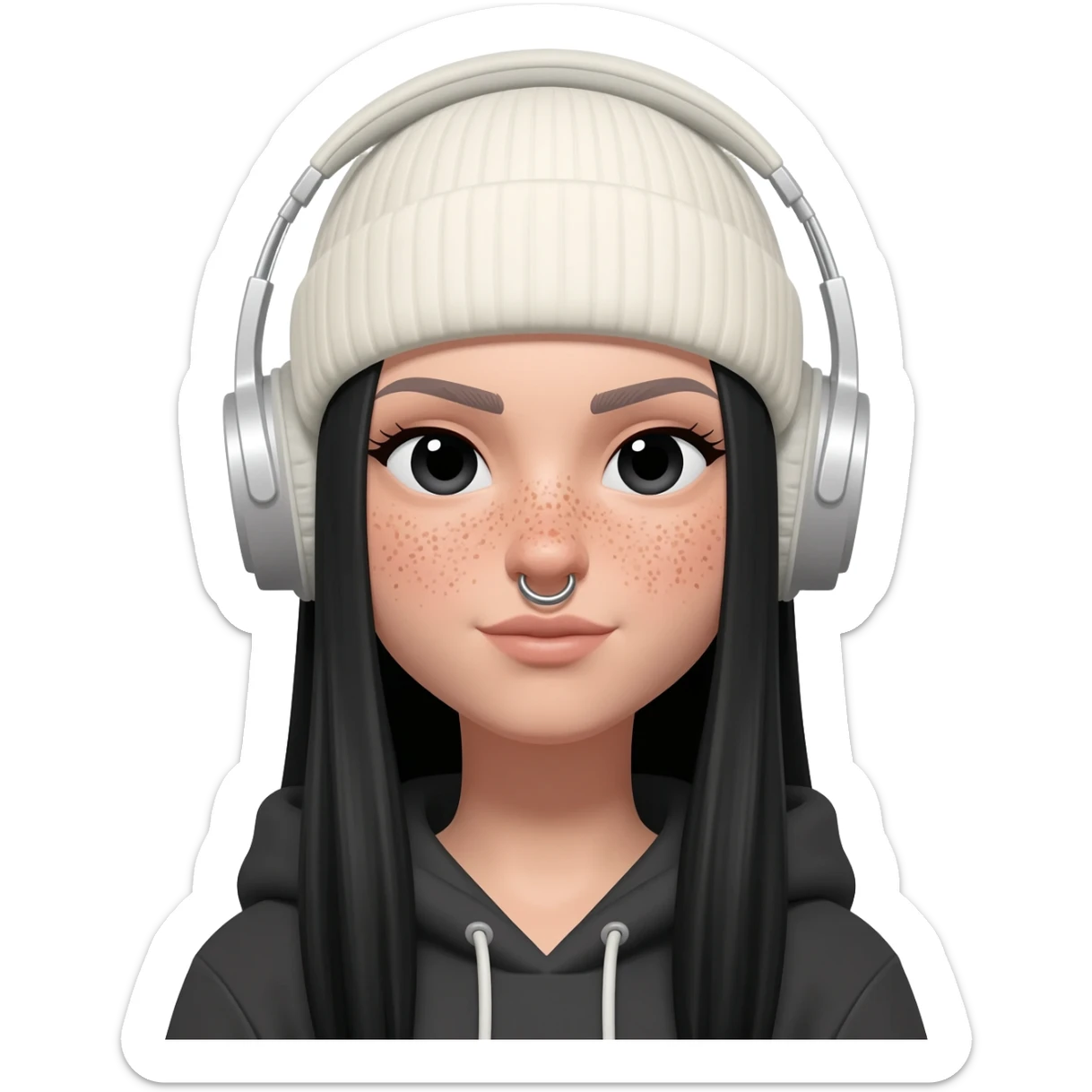White curvy female with freckles, long straight black hair wearing a beanie and hoodie and nostril pierced listening to music sticker