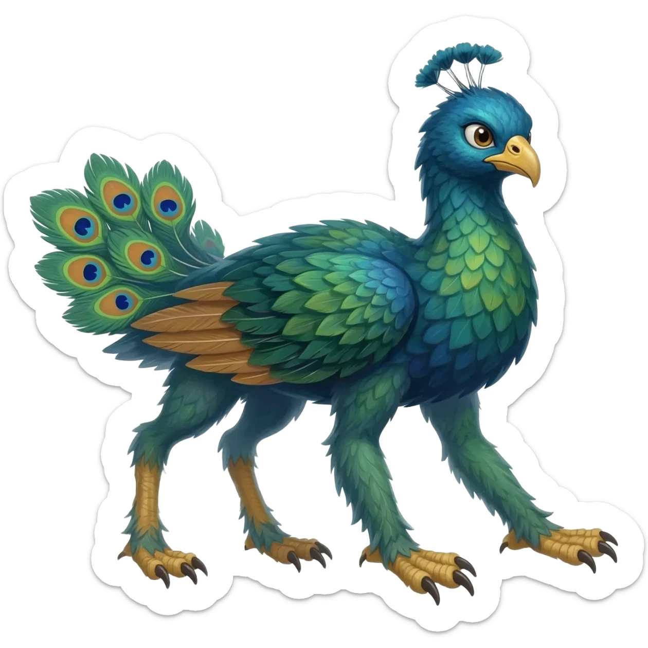 4-four legged (two frontal bird legs, two furry hind leg paws), Fantasy-Peacock-Gryphon-animal-hybrid-creature sticker