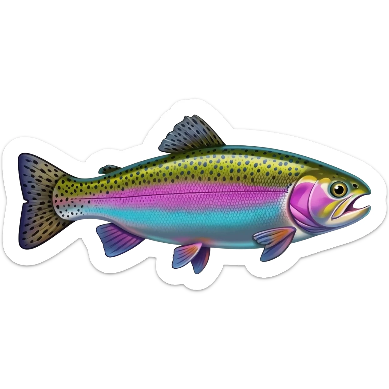 realistic rainbow trout fish bright saturated purple blue green yellow white with scales and black speckles sticker