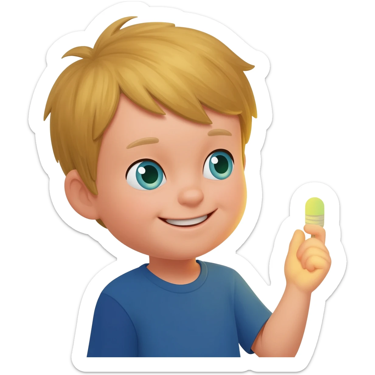 Create an emoji of the same blonde 3 year old as the first one you did. A happy boy with blue-greenish eyes turning off the lights to go to sleep sticker