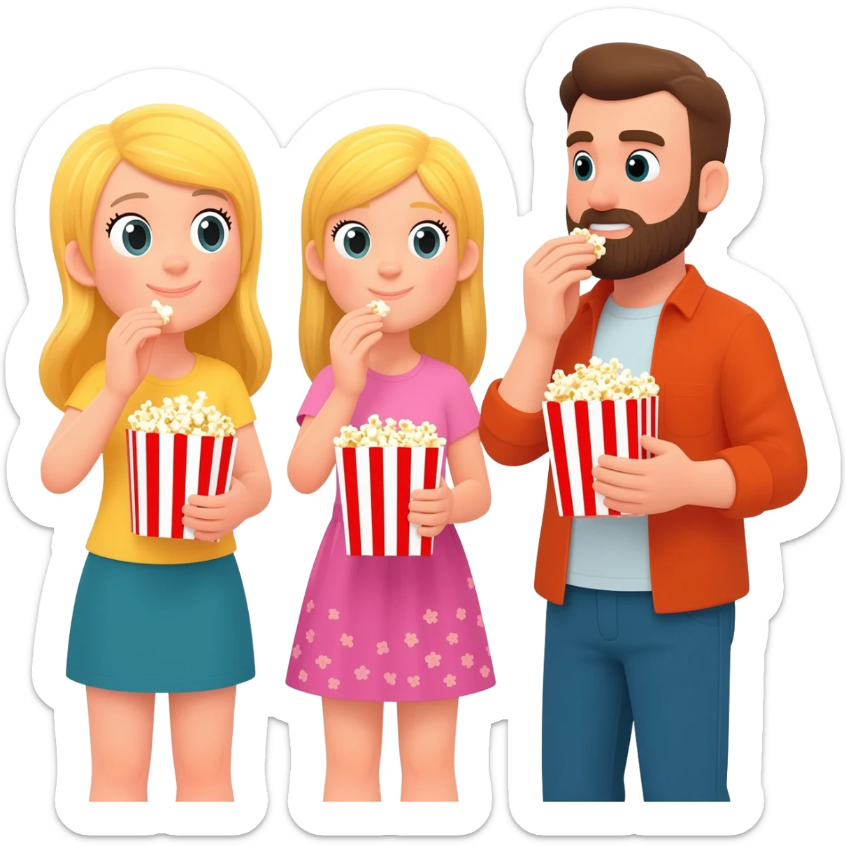 2 girls blonde girls and a guy with a beard standing eating popcorn sticker