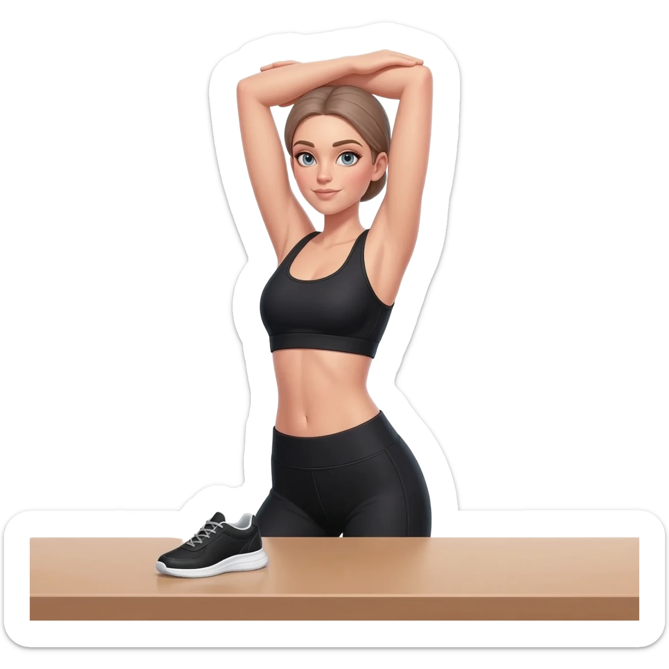 upper back stretch after desk work, fair-skinned woman, gray-blue eyes, ash brown brows, ash light brown hair tied back, slim athletic body, black workout set, black sneakers with white soles sticker