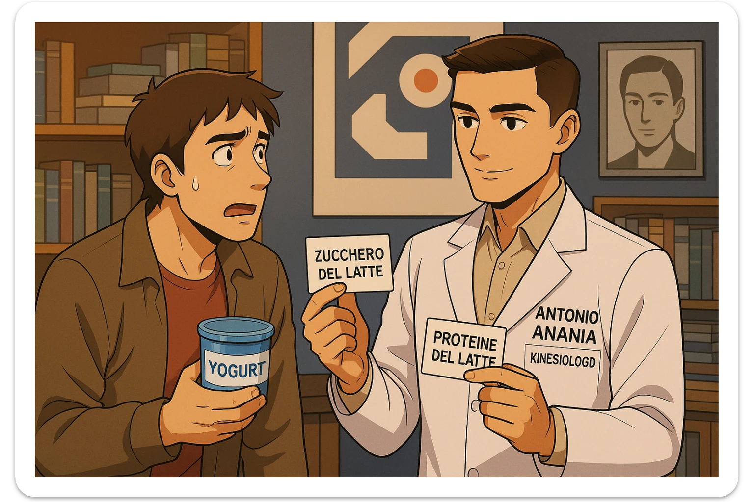 fai un webtoon manga a colori con questo stile, in cui un uomo ASCOLTA Il kinesiologo con il camice bianco (fagli anche la scritta "ANTONIO ANANIA" SUL CAMICE, IL KINESIOLOGO SPIEGA ALL'UOMO UNA COSA TENENDO DUE FOGLIETTINI IN MANO, UNO CON LA SCRITTA "ZUCCHERO DEL LATTE" E UNA CON LA SCRITTA "PROTEINE DEL LATTE". L'UOMO OSSERVA LO YOGURT CHE HA IN MANO CON ESPRESSIONE DUBBIOSA IN VOLTO. non fare i fumetti però, fai solo in modo che sembri stiano parlando sticker