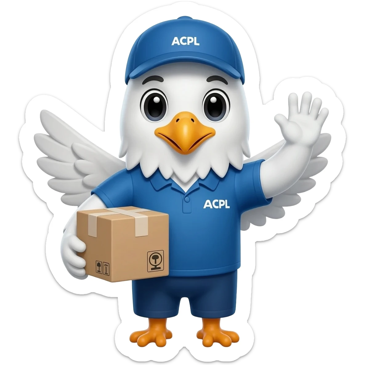 cute logistics mascot inspired by ACPL brand with small eagle wings, waving hello with a delivery package, professional emoji icon, blue and orange colors, clean minimal design sticker