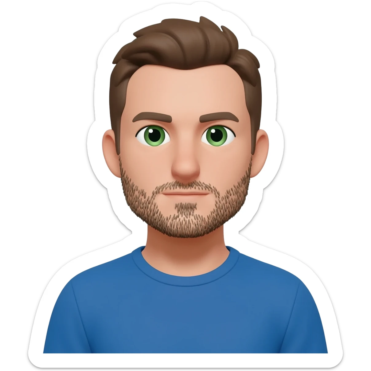 man stubble brown hair green eyes short hair blue t shirt sticker