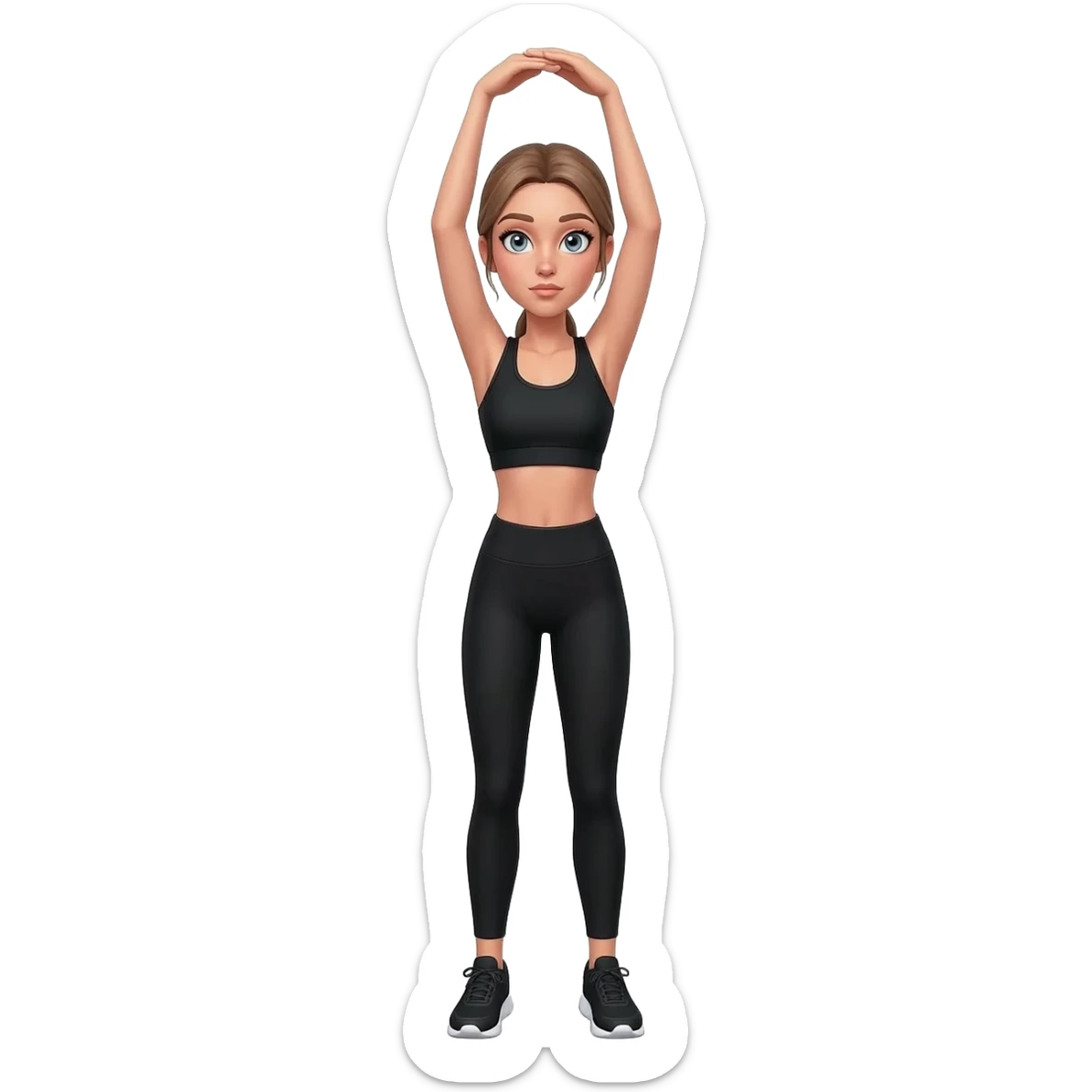 standing stretch with arms overhead, fair-skinned woman, light gray-blue eyes, ash brown brows, ash light brown hair tied back, slim athletic body, black workout set, black sneakers with white soles sticker