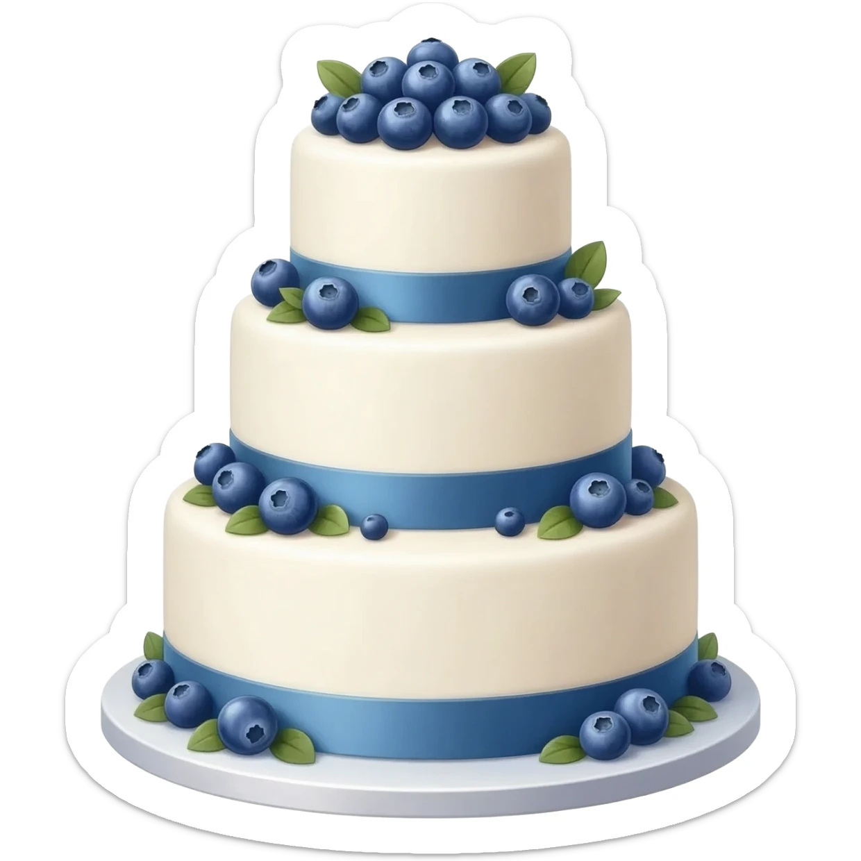 Elegant white wedding tiered caked decorated with fresh and candied blue berries and blue ribbon sticker
