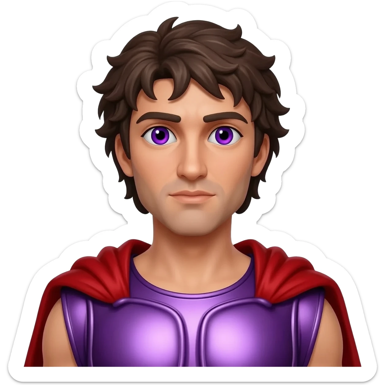 Bacchus from Roman Mythology with purple eyes, dark brown hair, purple metallic tunic, red metallic cloak sticker