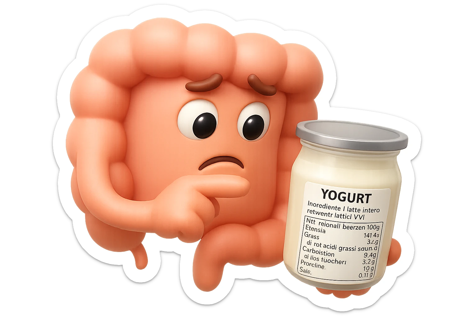 EMOJI STILE IPHONE 3D DI UN INTESTINO CHE HA IN MANO UN BARATTOLO DI YOGURT CONFEZIONATO DA SUPERMERCATO E LEGGE L'ETICHETTA NUTRIZIONALE CON GLI INGREDIENTI IN ITALIANO, ACCANTO ALLO YOGURT CHE HA IN MANO C'è UN FOCUS SULL'ETICHETTA CON GLI INGREDIENTI SCRITTI sticker