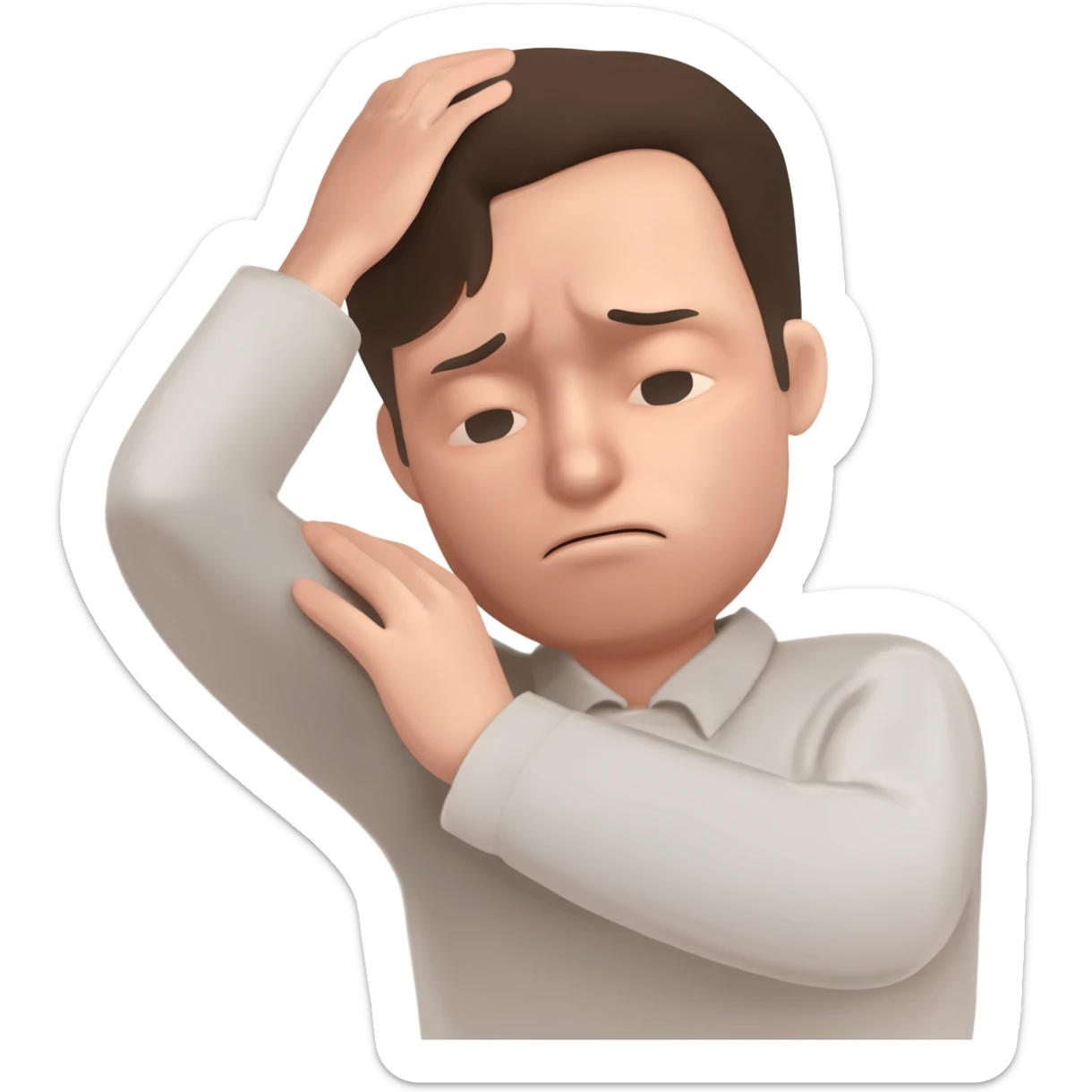 A man who is depressed with his left arm draped over the top of his head so the inside of his left elbow is on the very top of his head where hair grows from and his left hand is touching his right shoulder sticker