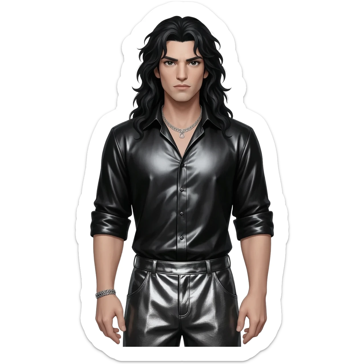Hades from Greek Mythology with black eyes, long black hair, black metallic shirt, charcoal metallic baggy pants, silver necklace sticker