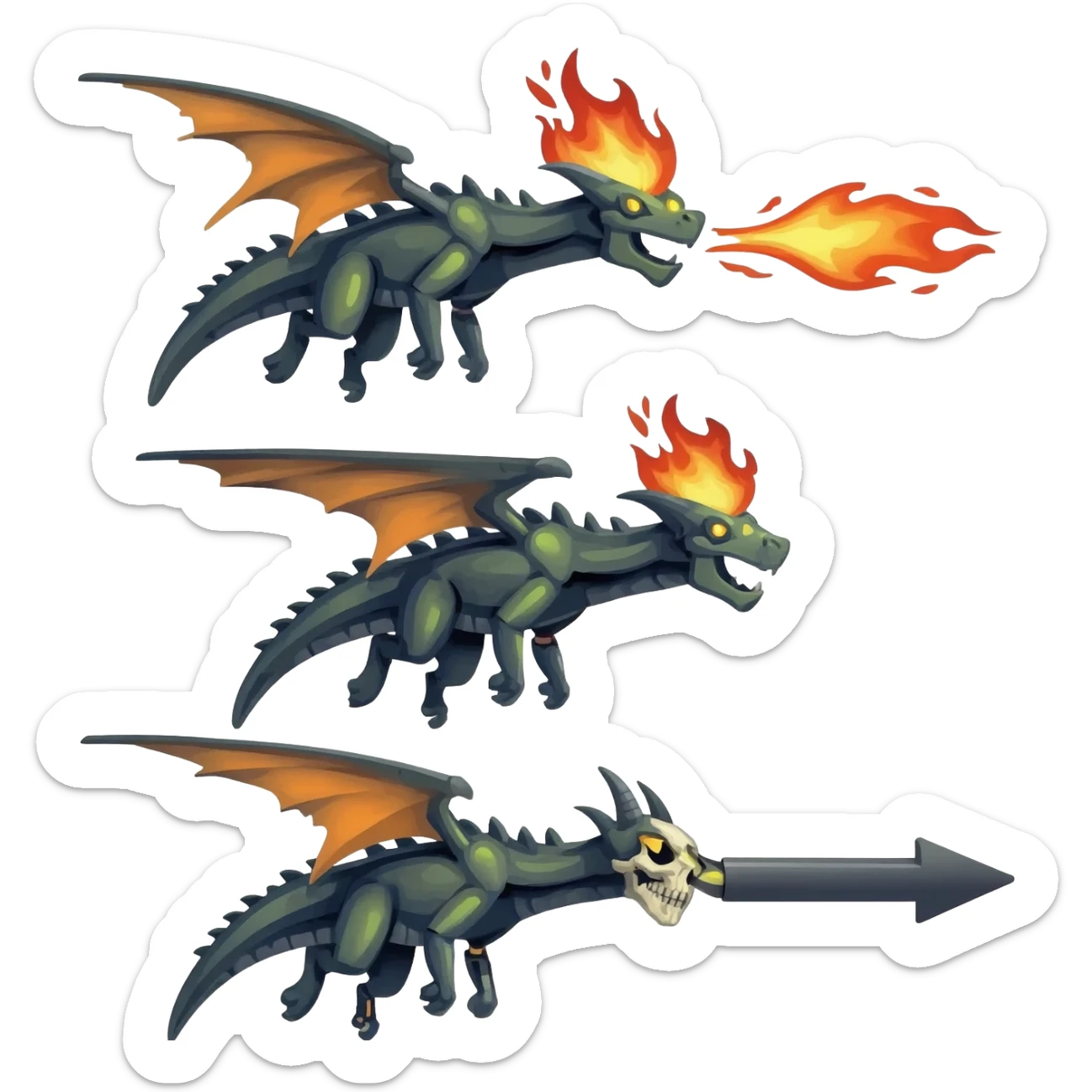A sprite sheet of a cybernetic dragon with a burning skull head, show all 3 stages of him flying with no back ground, show the 3 stages of him flying in a row, with changing wing positions for each stage of flying, all 3 must be pointing right sticker