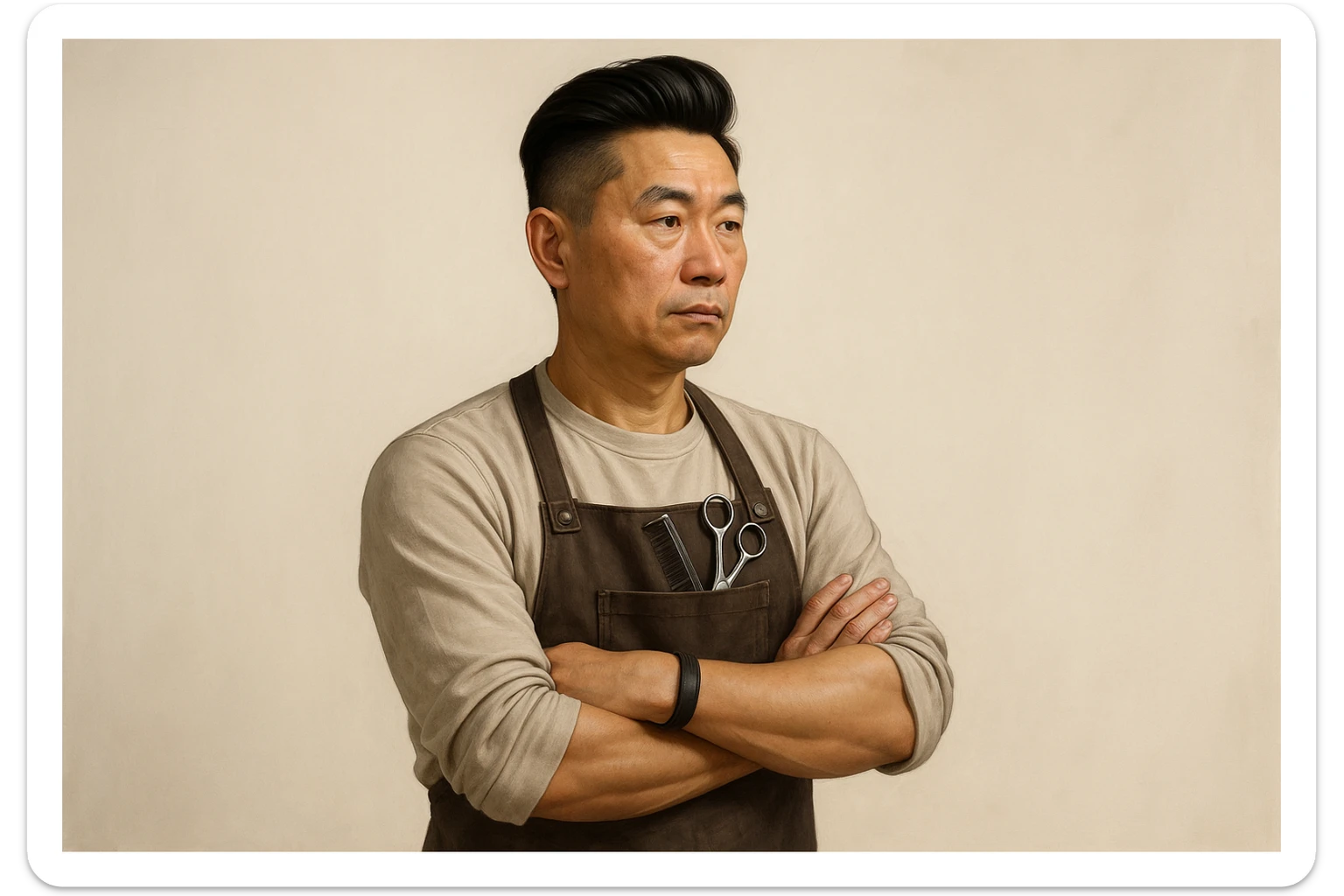 shu pozada turgan faqat o'ng tarafga qarab turgan sartarosh ustani tasvirlab ber realistik uslubda yoshi kattaroq soqol shart emas va osiyolik erkak soch turmagi ham boshqacharoq bo'laversin sticker