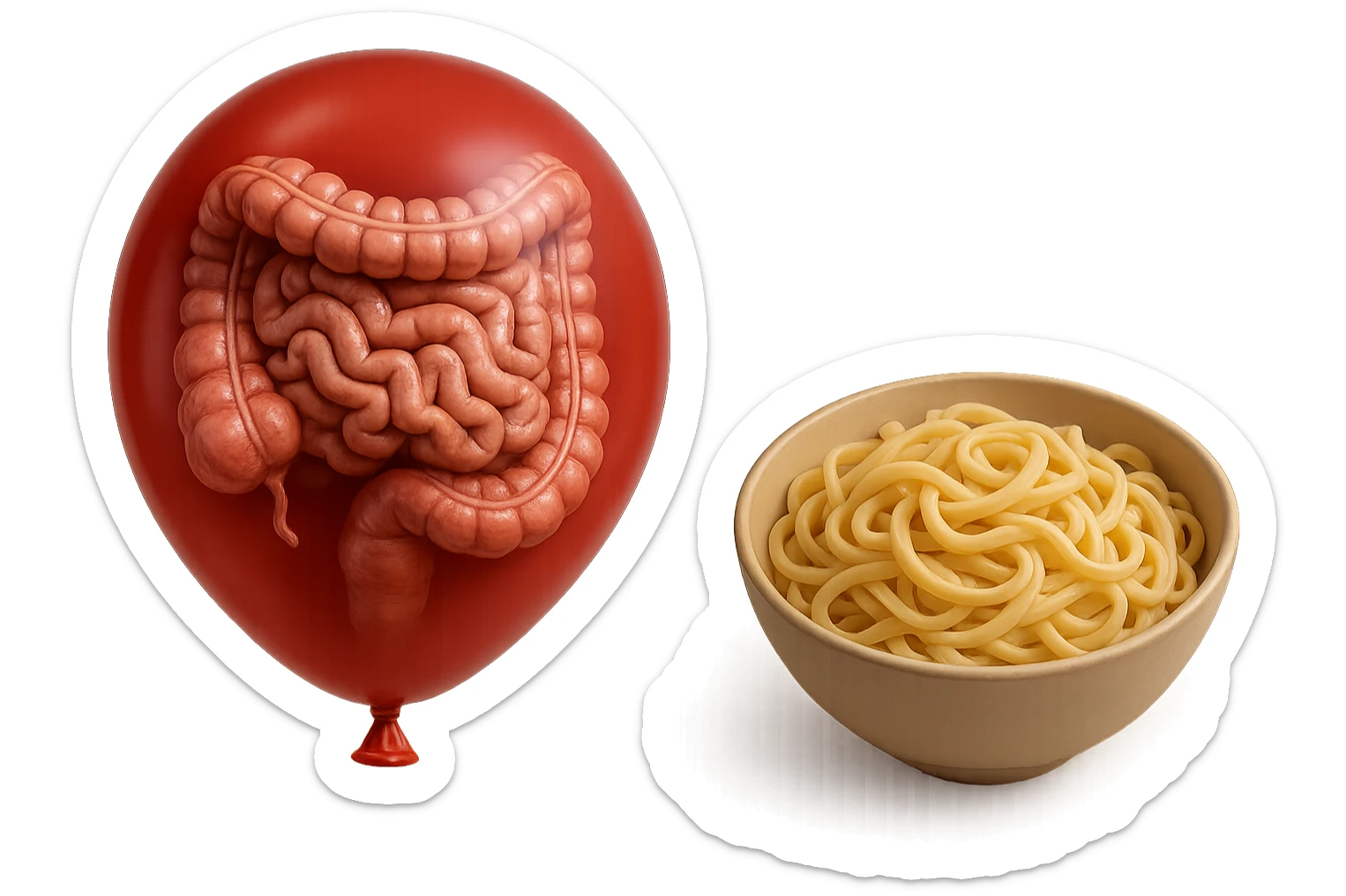 intestino umano anatomico chiuso in un palloncino rosso che simboleggia gonfiore, accanto una bowl di pasta, iperrealistico 4k sticker